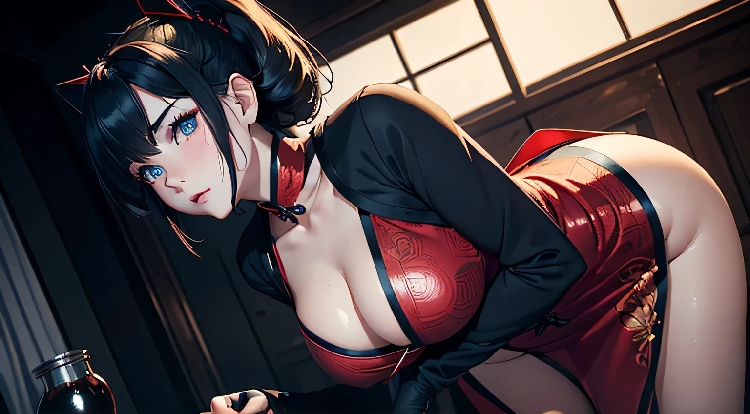 4K, A high resolution, Best quality at best, masterpiece, perfect colors, perfect shadow, perfect litthing, ((sportrait)), 1woman, fit-muscled body, bright yellow eyes,dark blue hair , blue eyes, With round lenses, The audience watched carefully, (s face: 1.2), Perfect female figure, ((standing)), ( beautiful red chinese qipao dress-clad woman stands in the half-light, her cleavage accentuated by the sharp focus of the camera. The modern red chinese qipao dress, adorned with intricate patterns), ((smile shy and looking at viewert)), (Perfect thick white eyebrows) Delicate fur, 详细s face, s the perfect face, chinese cyber punk background, cyber punk lighting atmosphere, ((Bonifasko lighting)), (The round lenses on his eyes)(詳細な目), Perfect student, face close up, small breast. face close up