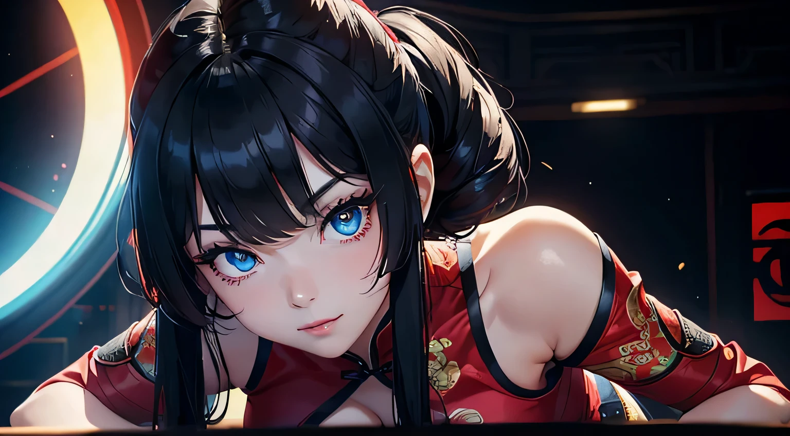 4K, A high resolution, Best quality at best, masterpiece, perfect colors, perfect shadow, perfect litthing, ((sportrait)), 1woman, fit-muscled body, bright yellow eyes,dark blue hair , blue eyes, With round lenses, The audience watched carefully, (s face: 1.2), Perfect female figure, ((standing)), ( beautiful red chinese qipao dress-clad woman stands in the half-light, her cleavage accentuated by the sharp focus of the camera. The modern red chinese qipao dress, adorned with intricate patterns), ((smile shy and looking at viewert)), (Perfect thick white eyebrows) Delicate fur, 详细s face, s the perfect face, chinese cyber punk background, cyber punk lighting atmosphere, ((Bonifasko lighting)), (The round lenses on his eyes)(詳細な目), Perfect student, face close up, small breast. face close up