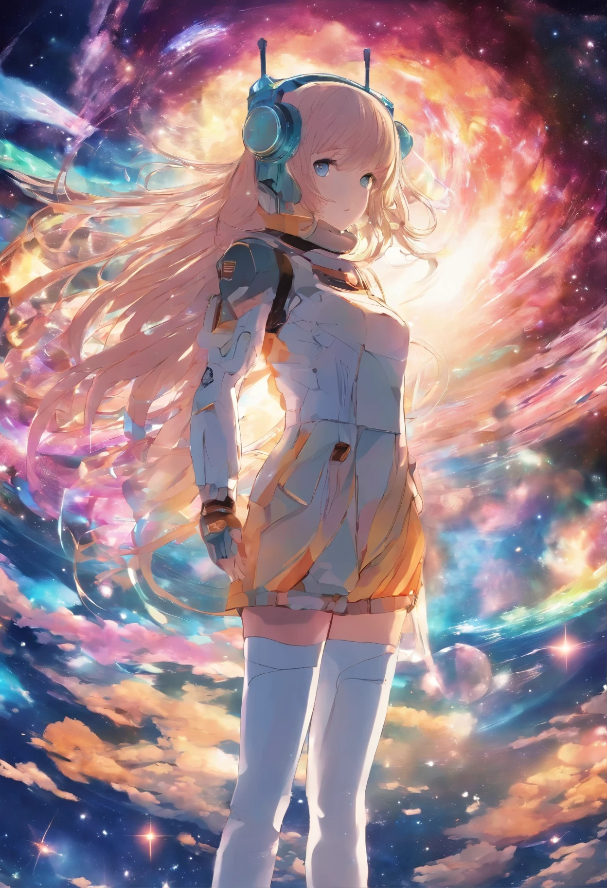 A stunning masterpiece of 8K RAW imagery, Glitter Splash captures the beauty of space, featuring a girl astronaut surrounded by a mesmerizing starry sky, brilliant aerial fireworks, and breathtaking views of the Northern Lights dancing in the Milky Way. A festival-like atmosphere with a fisheye lens effect.