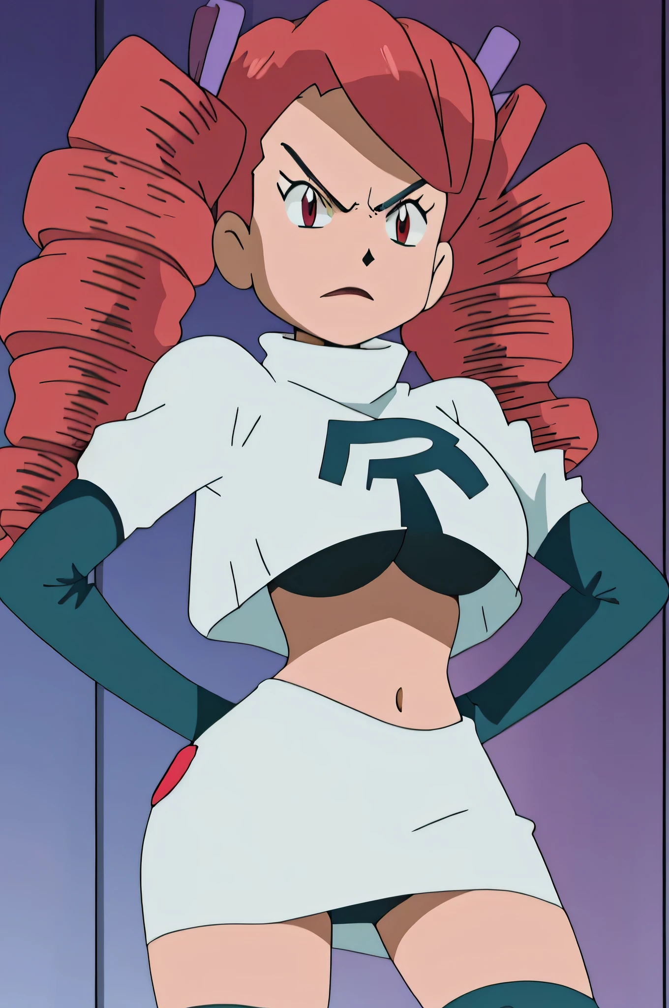 1girl in, (Solo:1.2), (Perfect body:1.1), (Best Quality:1.1), , very large breast, hands on hip,team rocket uniform, red letter r, white skirt,white crop top,black thigh-high boots, black elbow gloves, glaring angrily, looking at viewer, hands on hips,zettai ryouiki, Ursula
