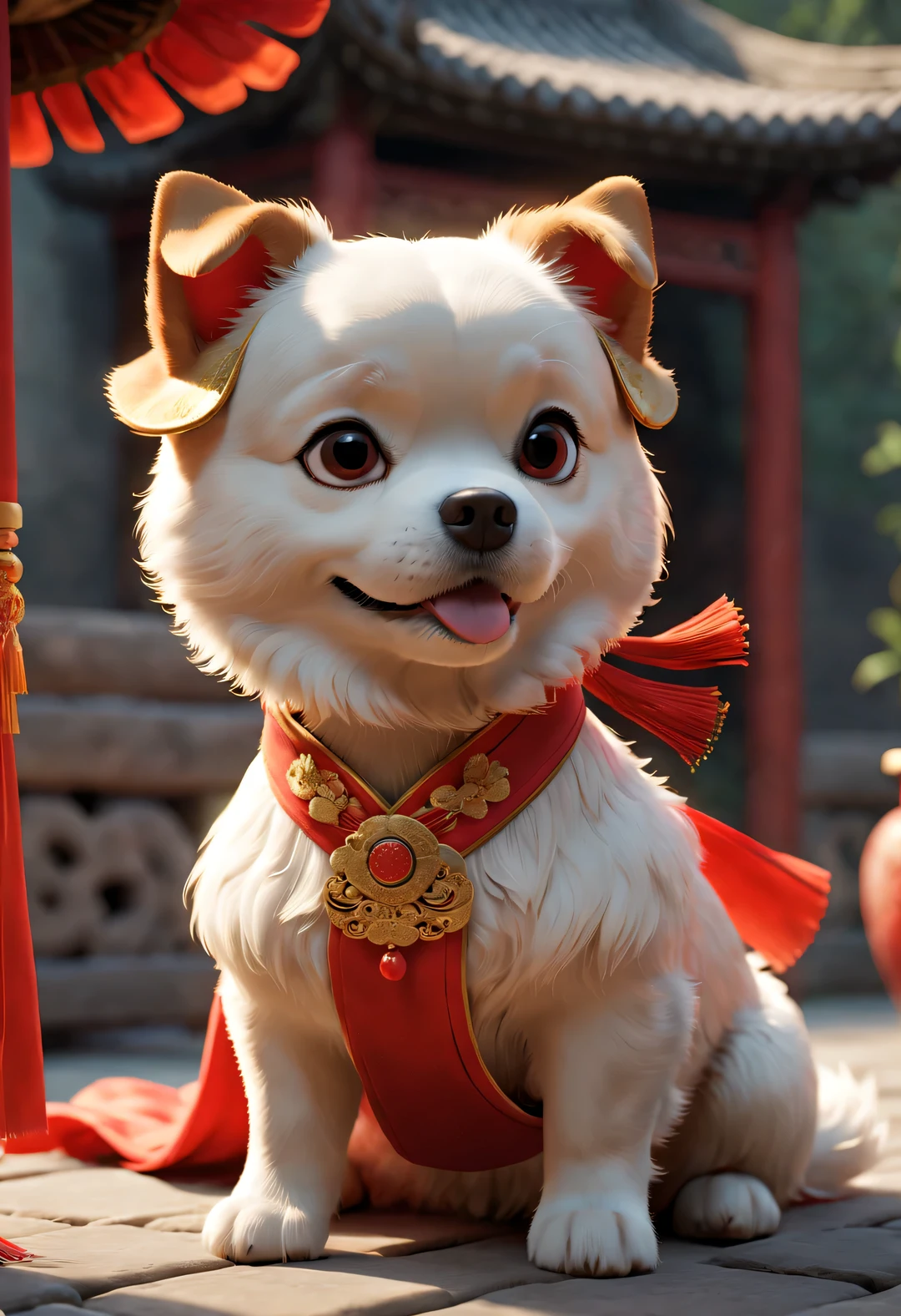 A super cute dog wears a bright red wedding dress from ancient China. The Dog Bride is an Anthropomorphic Person,Wearing a red scarf on the head,Gold ornaments are worn on the head,Pixar style,permanent,Charming big eyes,cute tail,Surreal,Super details,luxury,elegant,Gorgeous,Unreal Engine,octane rendering, 8k,VRAY Surreal