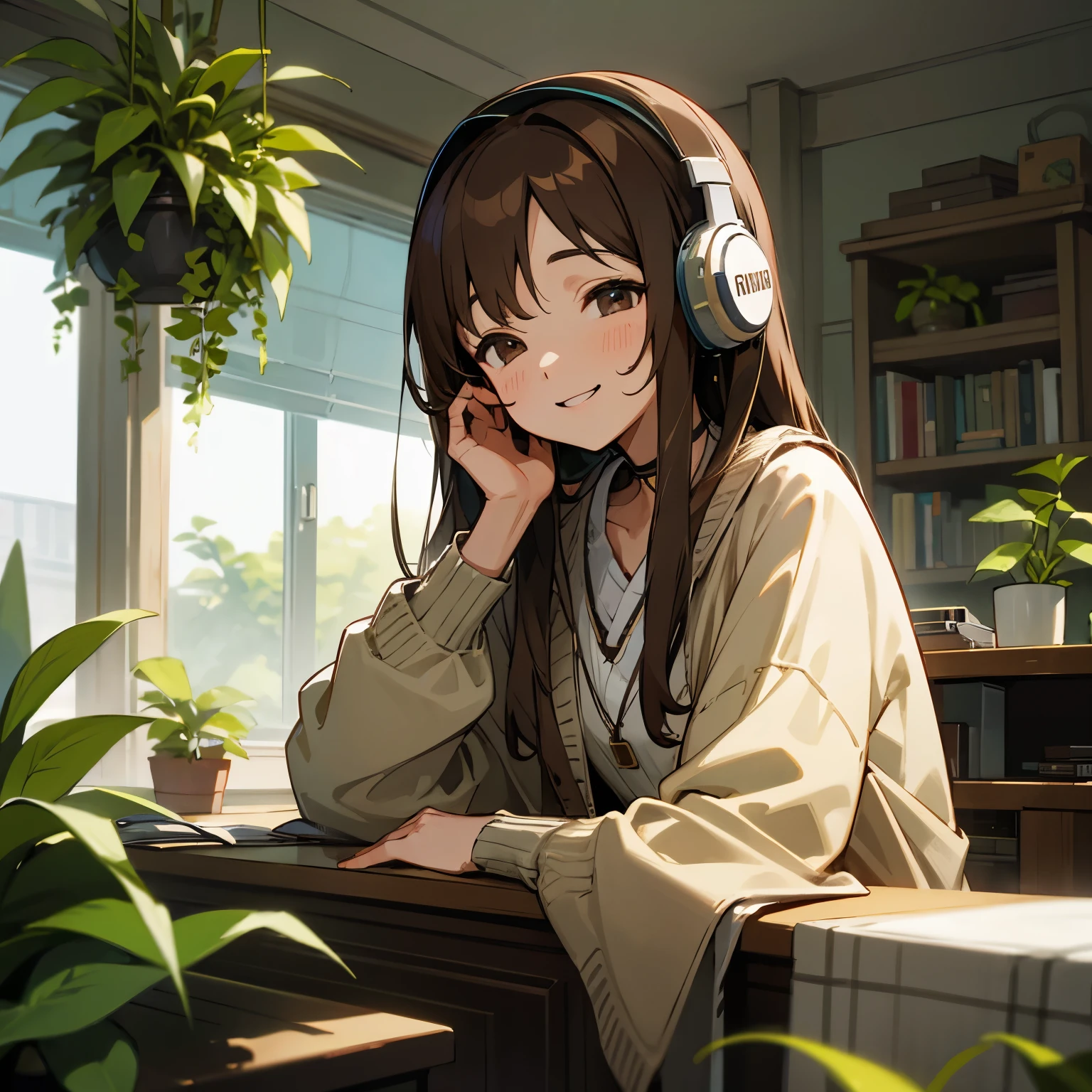 brown haired woman、cardigan、headphone、room with houseplants、smile