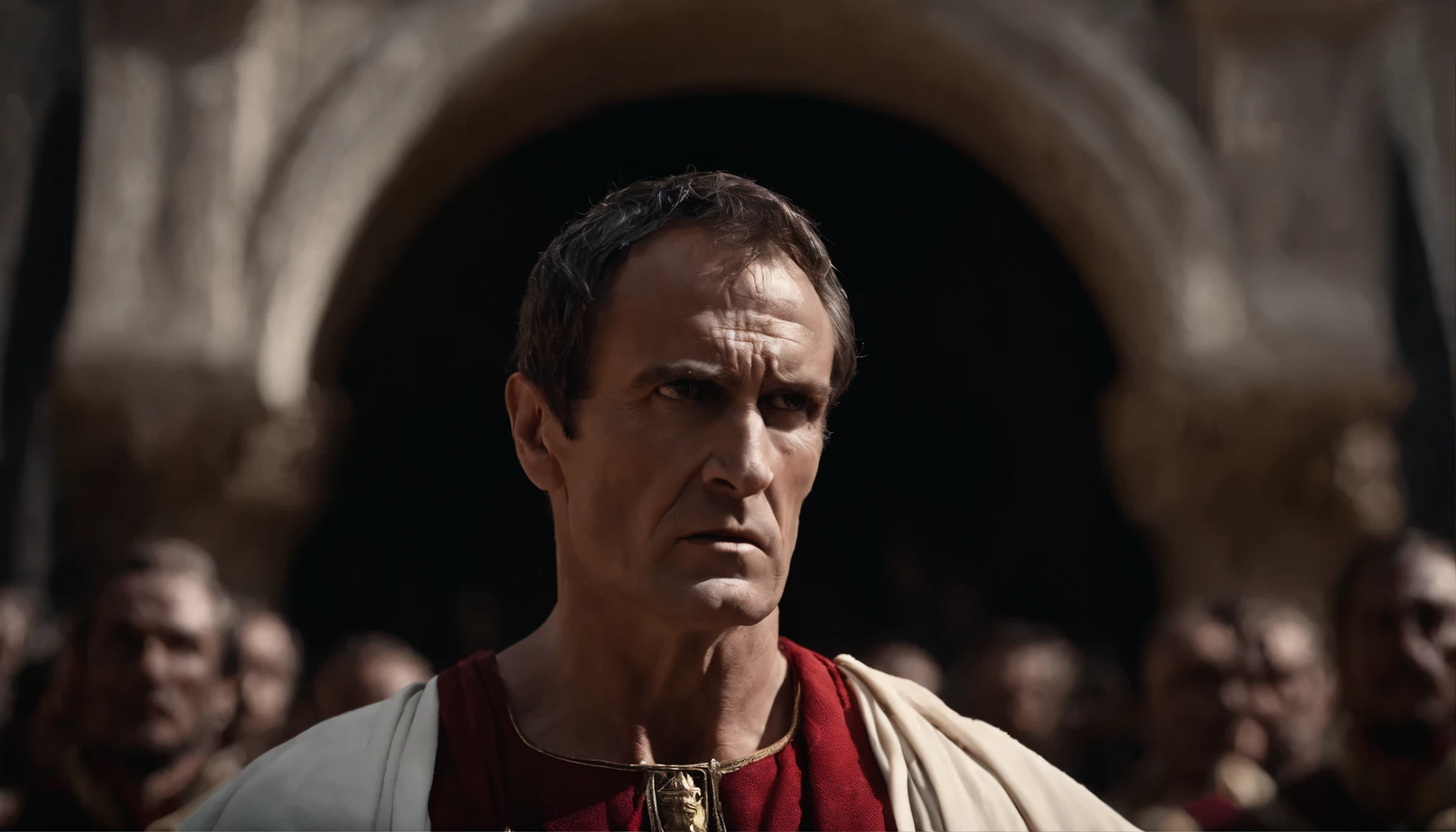 In a captivating depiction of furiously angry Roman dictator Julius Caesar, every detail leaps off the image with intensity: an enraged expression etched onto his face, his brows furrowed and eyes ablaze with fury. This realistic photograph showcases the raw emotions of Julius Caesar, as if frozen in time during a moment of intense rage. The impeccable high-definition quality of the image accentuates the fine lines and creases on his forehead, highlighting the ferocity of his wrath. It effortlessly captures the essence of this historical figure, commanding attention and evoking a sense of power and dominance.