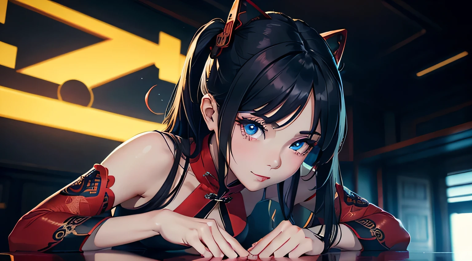 4K, A high resolution, Best quality at best, masterpiece, perfect colors, perfect shadow, perfect litthing, ((sportrait)), 1woman, fit-muscled body, bright yellow eyes,dark blue hair , blue eyes, With round lenses, The audience watched carefully, (s face: 1.2), Perfect female figure, ((standing)), ( beautiful red chinese qipao dress-clad woman stands in the half-light, her cleavage accentuated by the sharp focus of the camera. The modern red chinese qipao dress, adorned with intricate patterns), ((smile shy and looking at viewert)), (Perfect thick white eyebrows) Delicate fur, 详细s face, s the perfect face, chinese cyber punk city, cyber punk lighting atmosphere, ((Bonifasko lighting)), (The round lenses on his eyes)(詳細な目), Perfect student, face close up, small breast. face close up