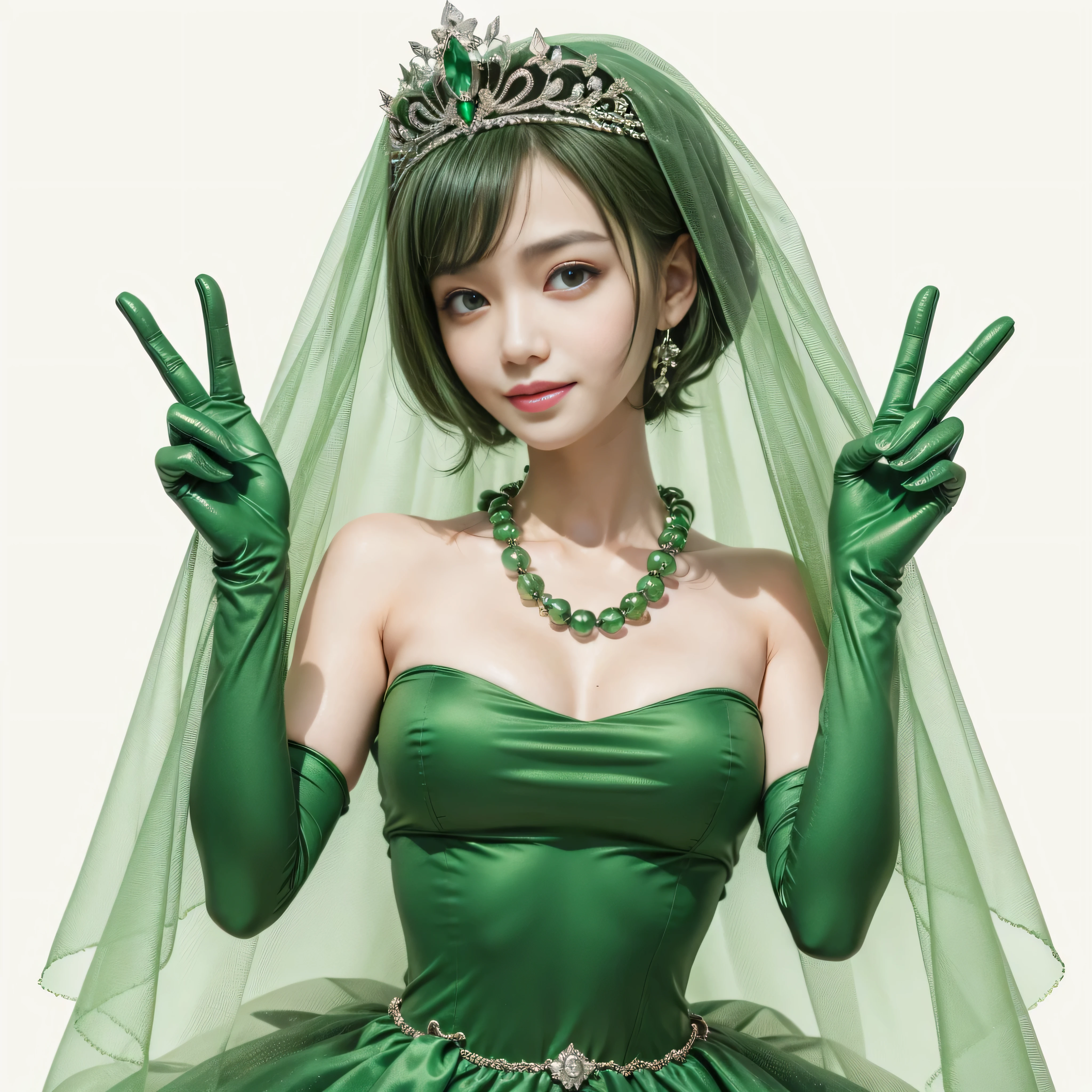 emerald tiara, green pearl necklace, boyish very short green hair, lipstick, smiling Japanese woman, very short hair, big breasts beautiful, green eyes, Long Green Satin Gloves, green eyes, V sign, emerald earrings, green veil, green lip gloss