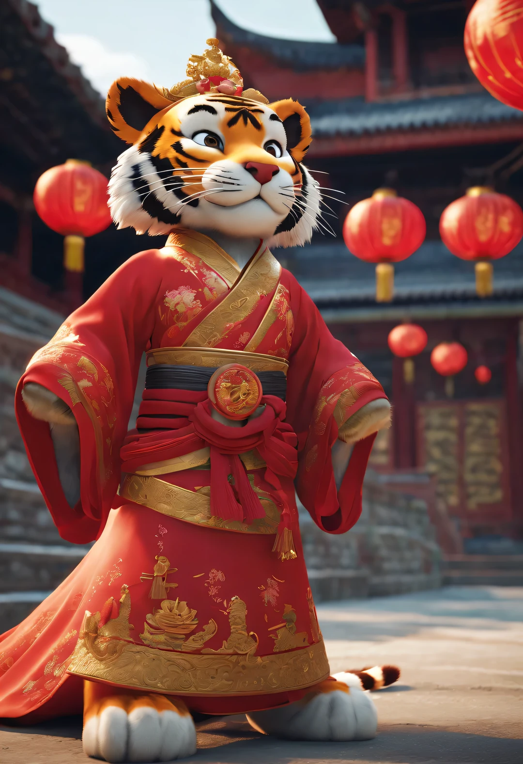 A super cute tiger wears a bright red wedding dress from ancient China. The tiger bride is anthropomorphic，Wearing a red scarf on the head，Gold ornaments are worn on the head,Pixar style,permanent,Charming big eyes,cute tail,Surreal,Super details,luxury,elegant,Gorgeous,Unreal Engine,octane rendering, 8k,VRAY Surreal