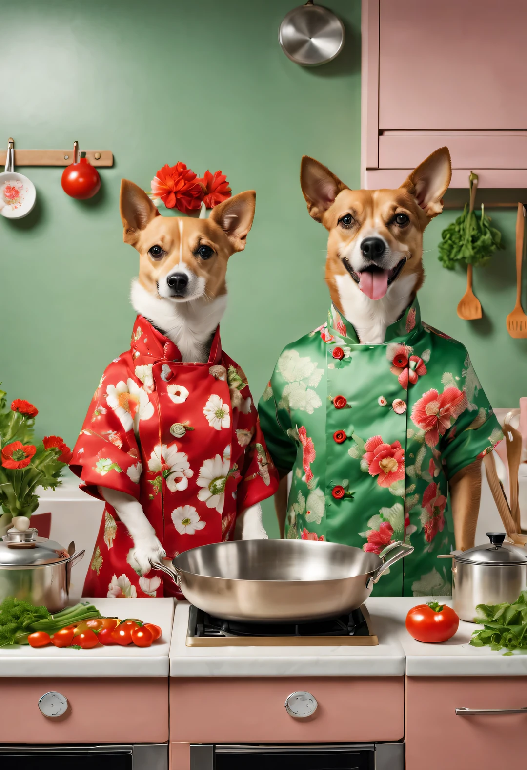 woman with big waves, Mrs. dog, There is also a gentleman with short hair. Sha Pi dog, Have fun cooking. fashionable, Paired with a red and green floral jacket, anthropomorphic,
background: kitchen, high detail, Super quality, Surrealism, photo, 8k, pleasure, comical,