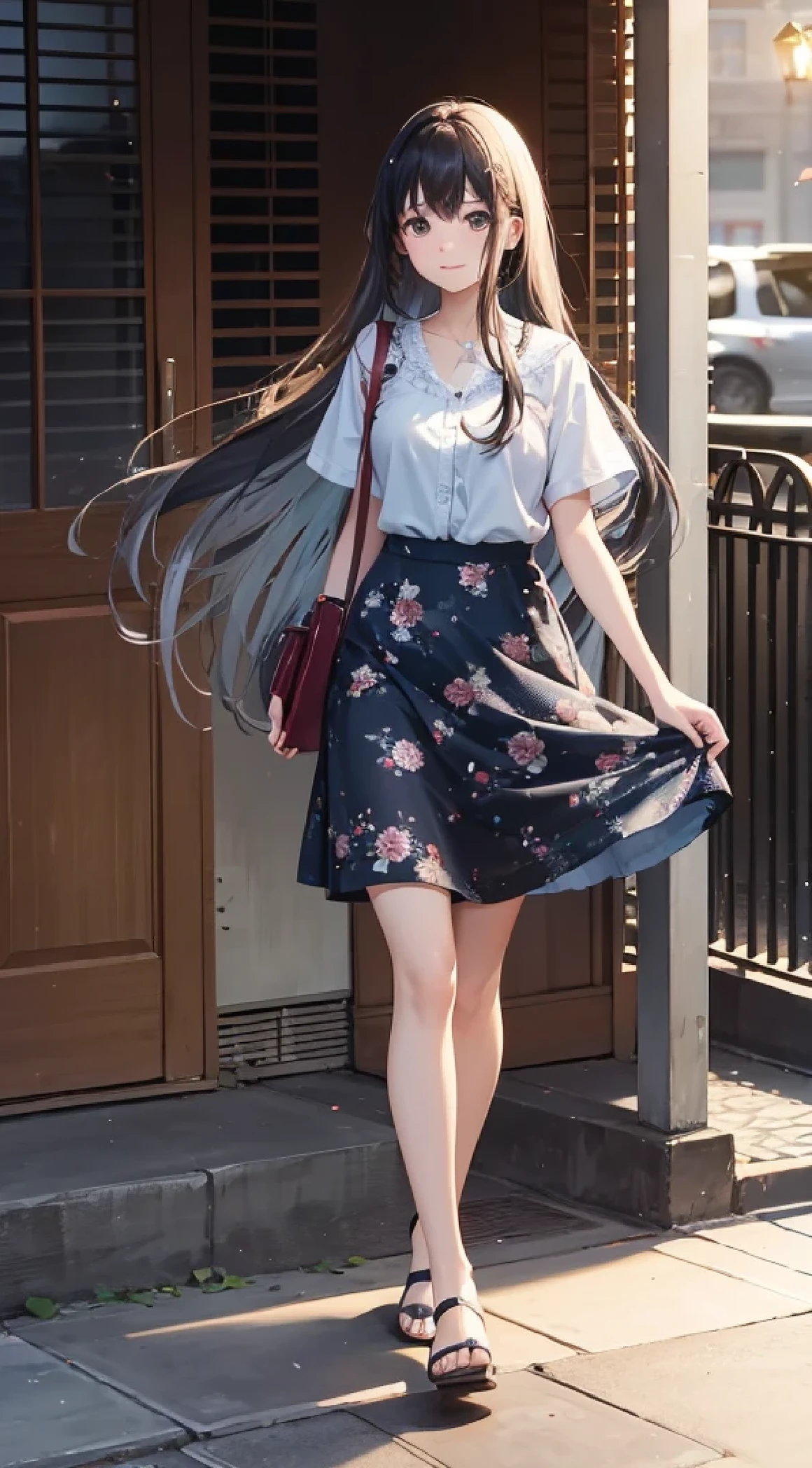 Outside the university at night, The 22-year-old with medium-long hair wore a floral skirt and took a full-body photo to reunite after a long absence.，Naughty floral dress light blue short sleeves