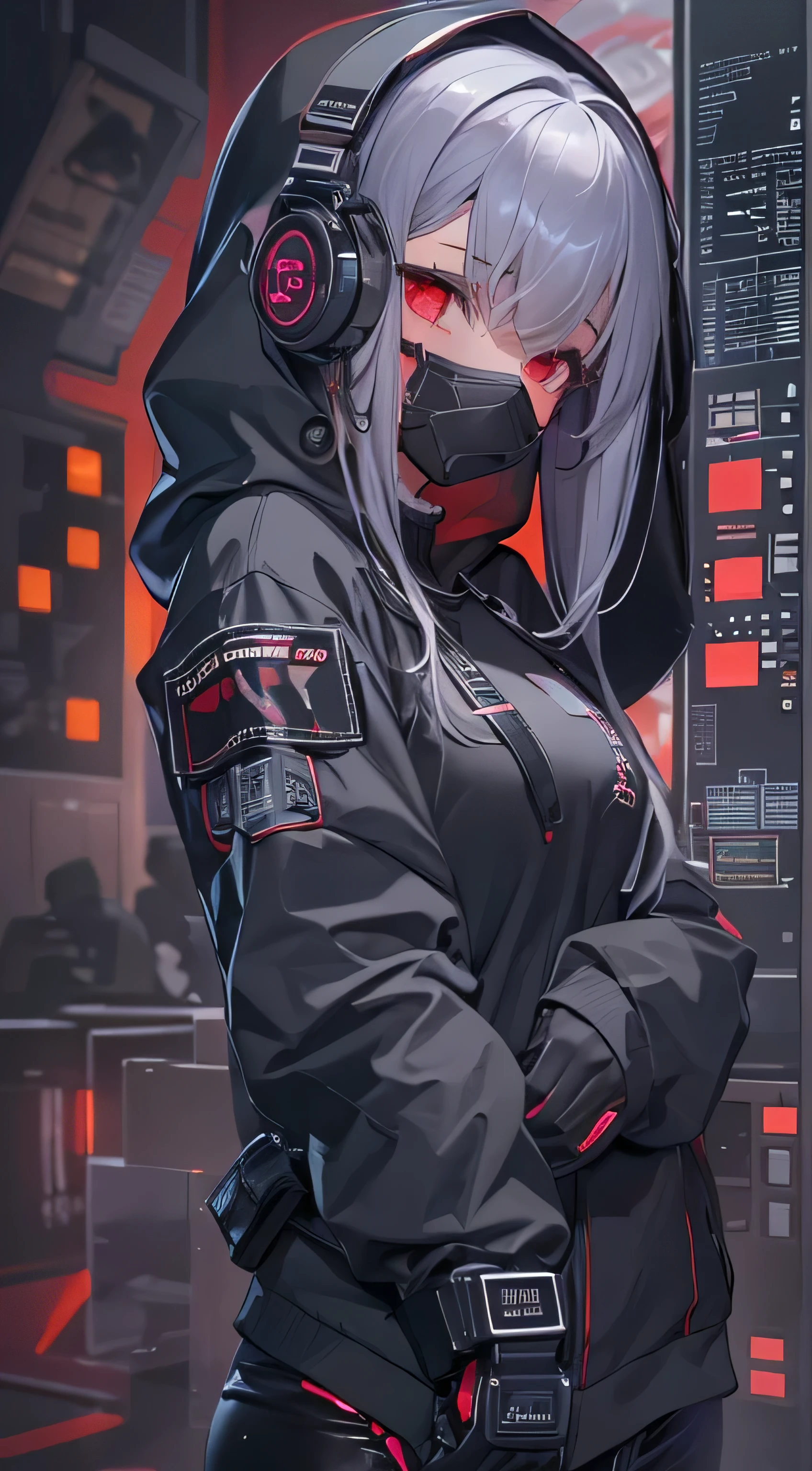 1 girl, gray hair, Oversized black hoodie, cyber demon, , cyber punk, ((cyber horn)), red eyes, cyberware, dreamy cyber punk girl, cyber punk art ultrarealistic, cybernetic hands, prosthesis, devil mouth mask