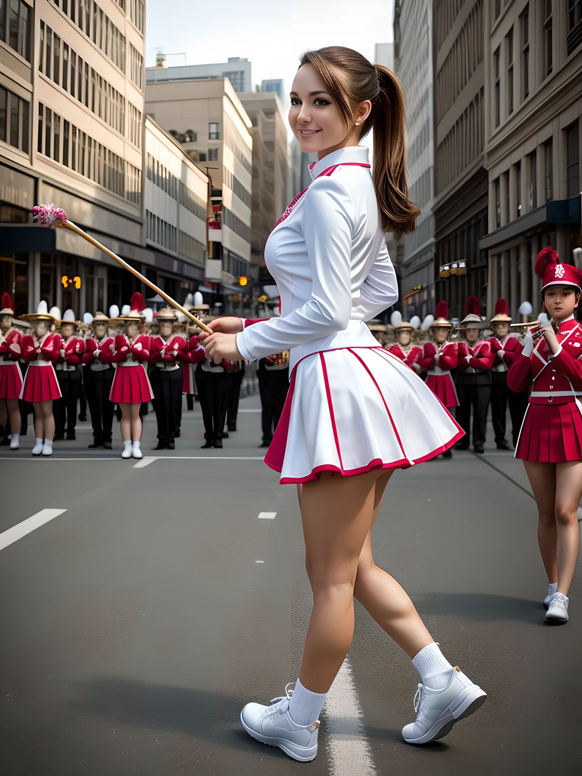 ((best quality)), ((best work)),(( ultra detail)), portrait, wide shooting angle, female majorette, beautiful, sexy, (half ponytail hair), detailed eyes, detailed face, bright face , big breasts, sweet smile, dynamic pose, holding a stick, (majorette uniform), cleavage, (short folded skirt), lingier, stockings, big thighs, shoes, background, neatly lined up marching band, streets, crowded, buildings, highly detailed, photo realistic, ((depth of field)), soft lighting, three items in the art station, conceptual art, ((intricate detail)), canon_dslr, hdr, 8k, back view