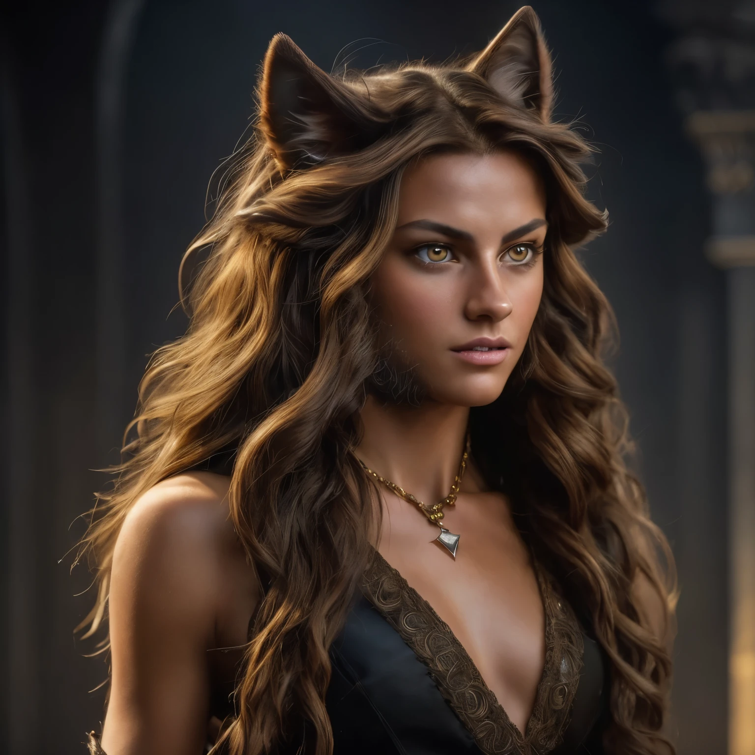 renaissance style, UHD, perfect composition, ((Extremely realistic)) ((Extremely detailed)) ((anatomically correct)) full body portrait of a (Cocky) ((tanned skin)) young 25-year-old (((wolf-woman))) with ((Wolf ears)) (((Golden eyes))) (((Thick brown sideburn whiskers))) ((visible fangs)) and (((angular diamond-shaped face))), (((unkempt medium-length shaggy brown hair))), wearing (((loose black tunic))), (Dynamic pose), black background, greg rutkowski, Robert Oxley, concept art, vfx, intricate, high detail, 8k resolution, hyperrealistic, chiaroscuro, full body shot, complex, textured, trending on /r/art, anatomically correct, octane render, fantasy, medieval, very beautiful, atmospheric perspective, hard lighting, epic, powerful, rule of thirds, -ar 16:9, -stylize 60000, -quality 5