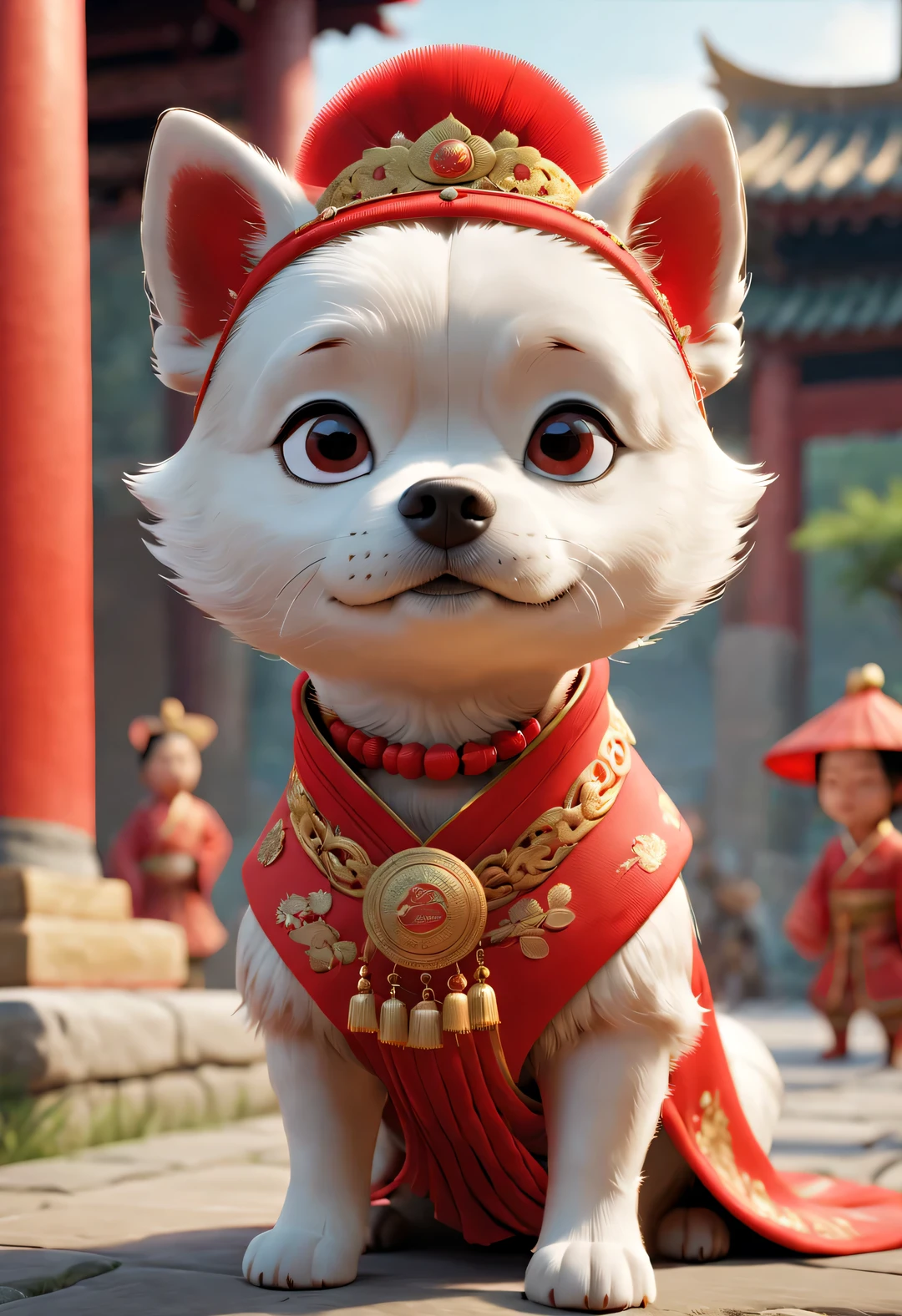 A super cute dog wears a bright red wedding dress from ancient China. The Dog Bride is an Anthropomorphic Person，Wearing a red scarf on the head，Gold ornaments are worn on the head,Pixar style,permanent,Charming big eyes,cute tail,Surreal,Super details,luxury,elegant,Gorgeous,Unreal Engine,octane rendering, 8k,VRAY Surreal