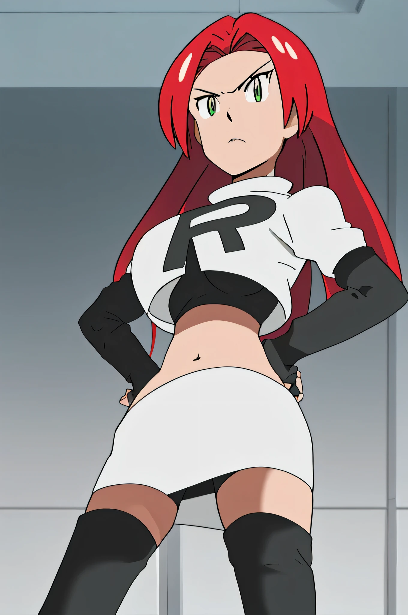 1girl in, (Solo:1.2), (Perfect body:1.1), (Best Quality:1.1), , very large breast, hands on hip,team rocket uniform, red letter r, white skirt,white crop top,black thigh-high boots, black elbow gloves, glaring angrily, looking at viewer, hands on hips,zettai ryouiki, Cynthia.