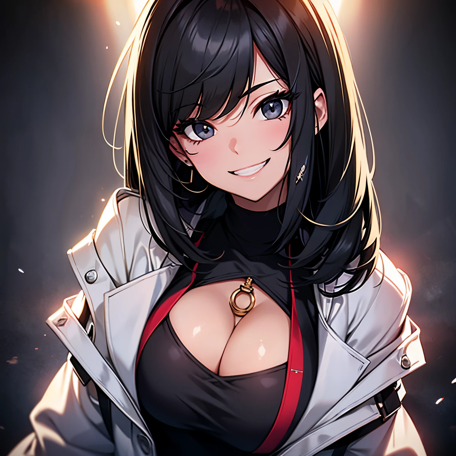 30 year old woman, Chest shot, black eye, black hair, Warm background, grin