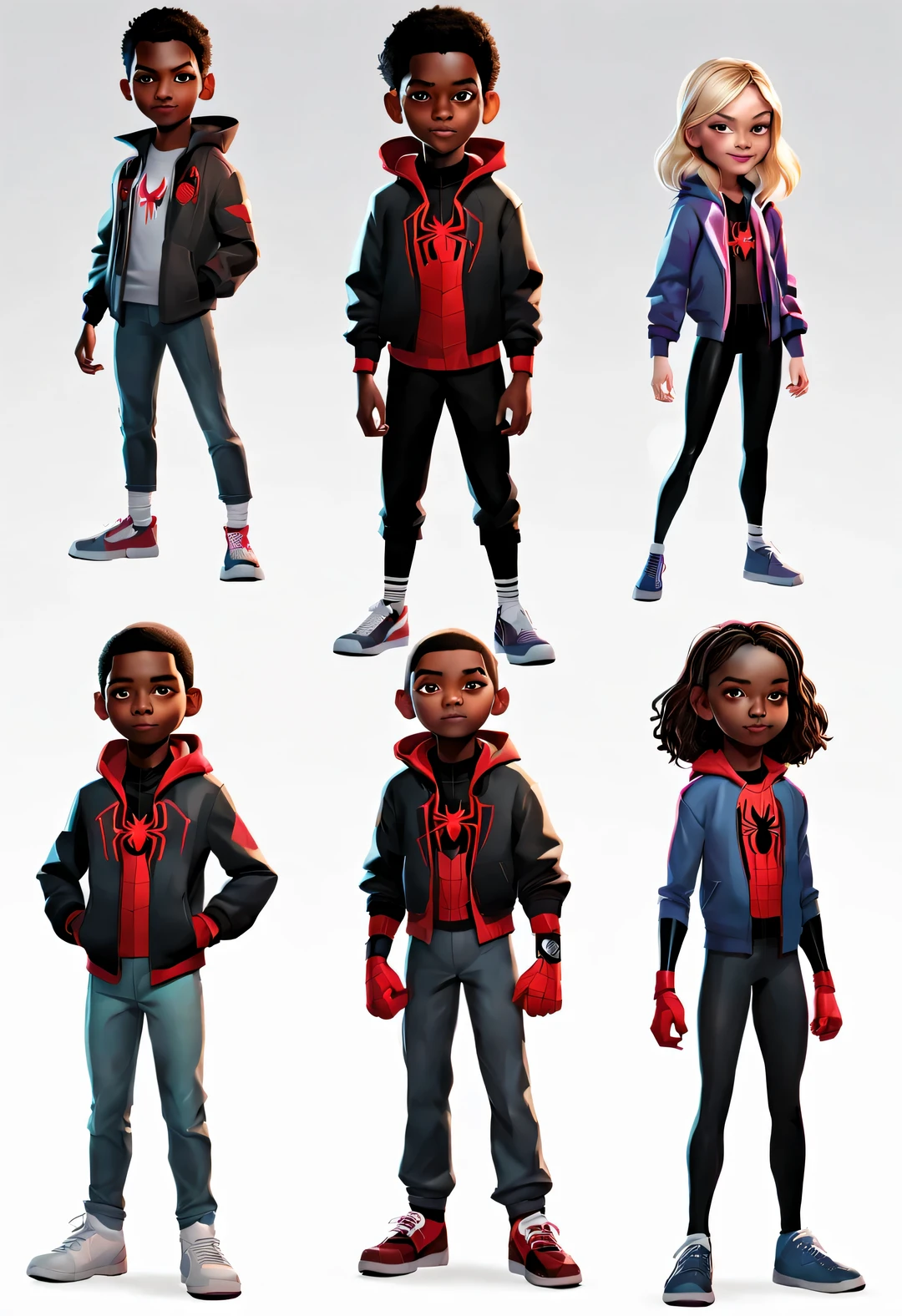 Concept designs for Miles Morales and Gwen Stacy's children from the Spider-Verse, character table