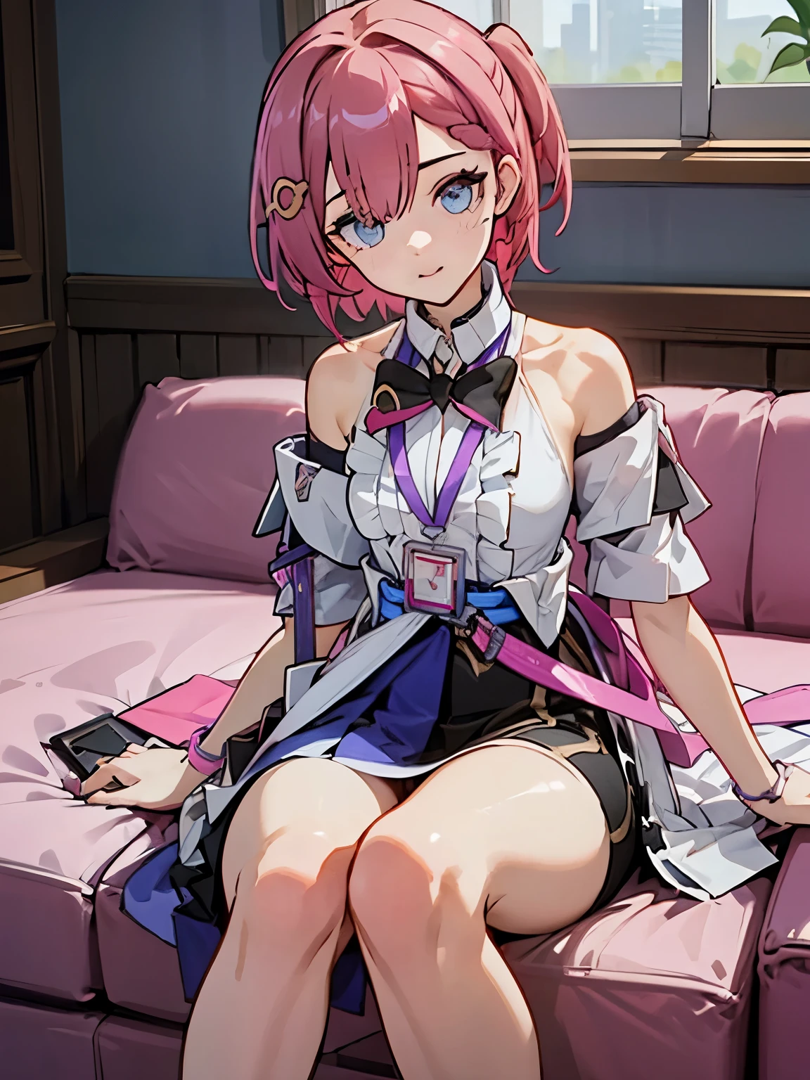 1girl, asta from honkai star rail, pink short hair, short ponyside hair, blue eyes, wearing her outfit, doing daily activities, indoor, very detailed background, many furnitures, masterpiece, highres, ultrahd,