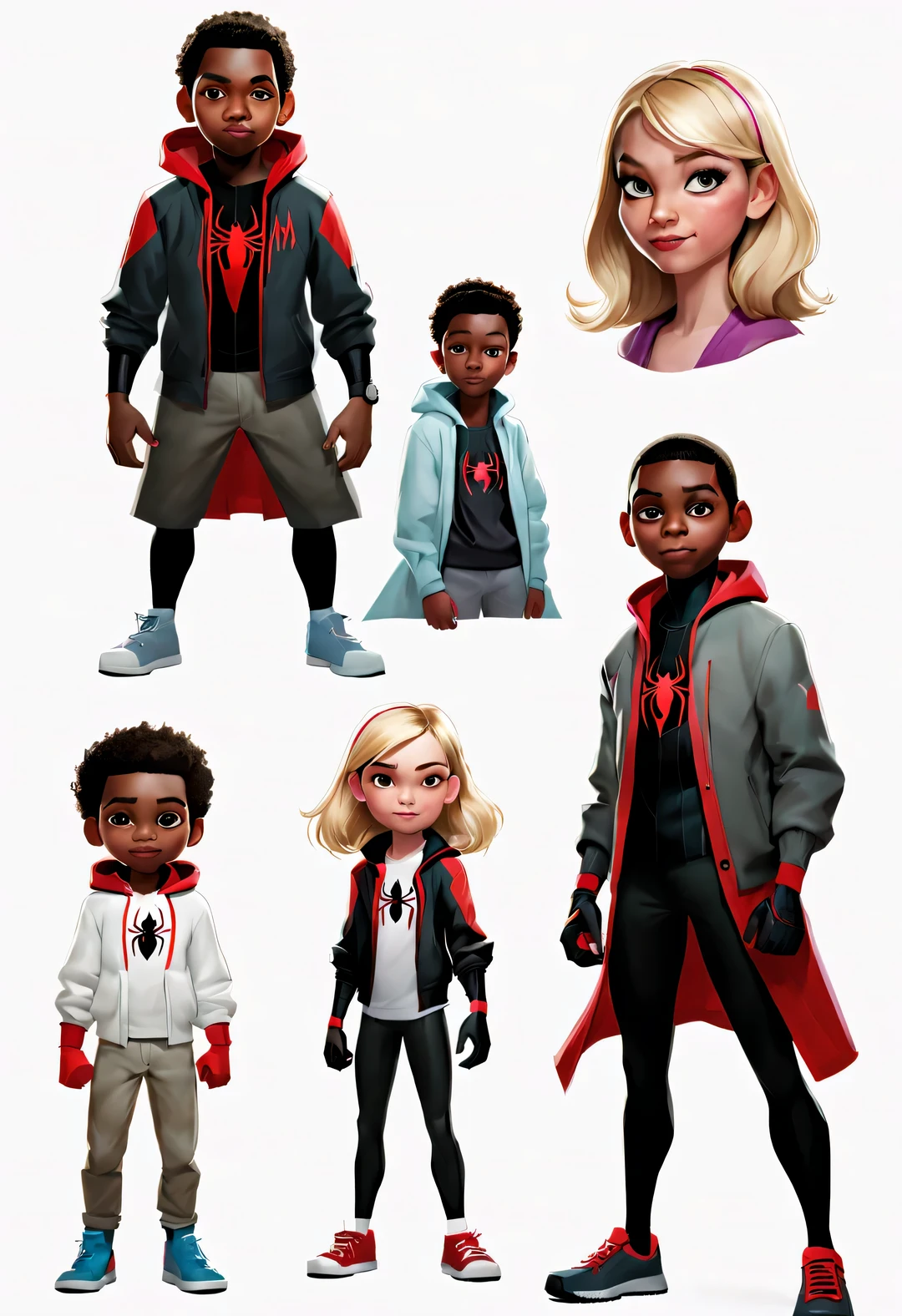 Concept designs for Miles Morales and Gwen Stacy's children from the Spider-Verse, character table