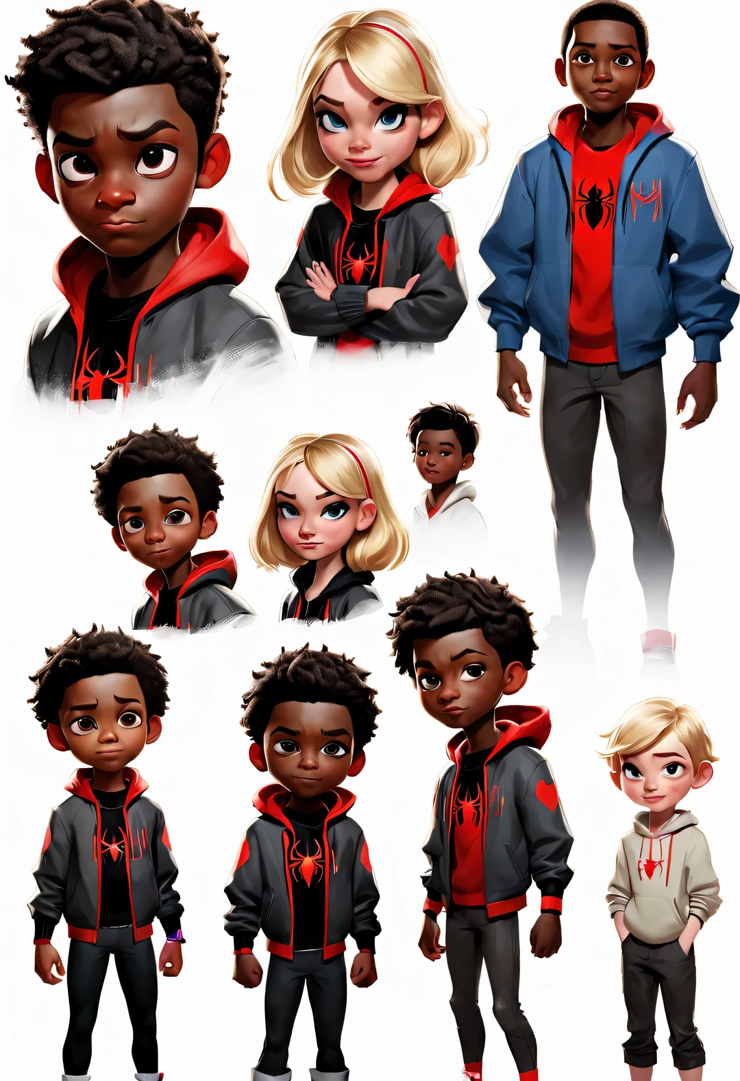 Concept designs for Miles Morales and Gwen Stacy&#39;s children from the Spider-Verse, character table