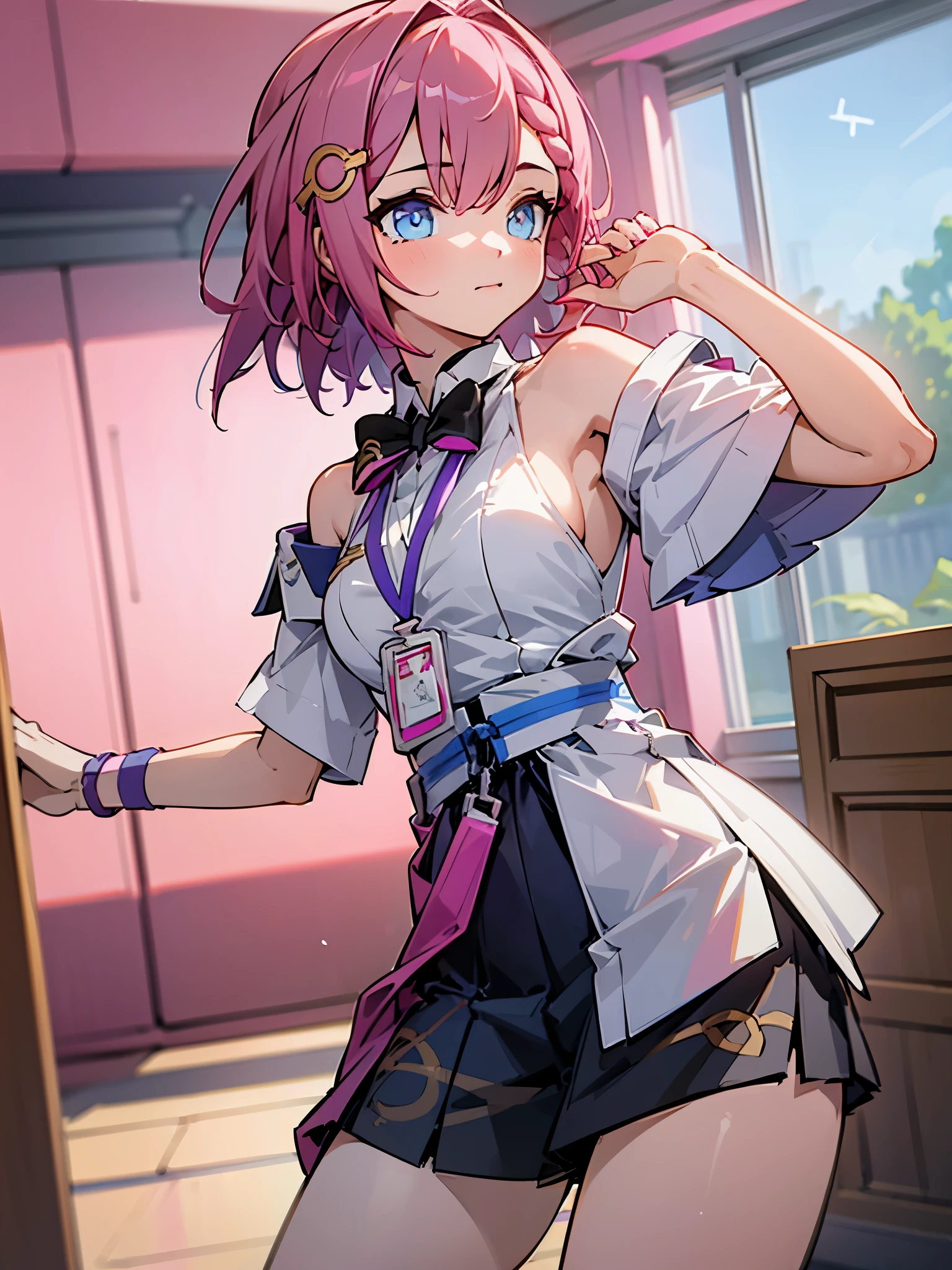 1girl, asta from honkai star rail, pink short hair, short ponyside hair, blue eyes, wearing her outfit, doing daily activities, indoor, very detailed background, many furnitures, masterpiece, highres, ultrahd,