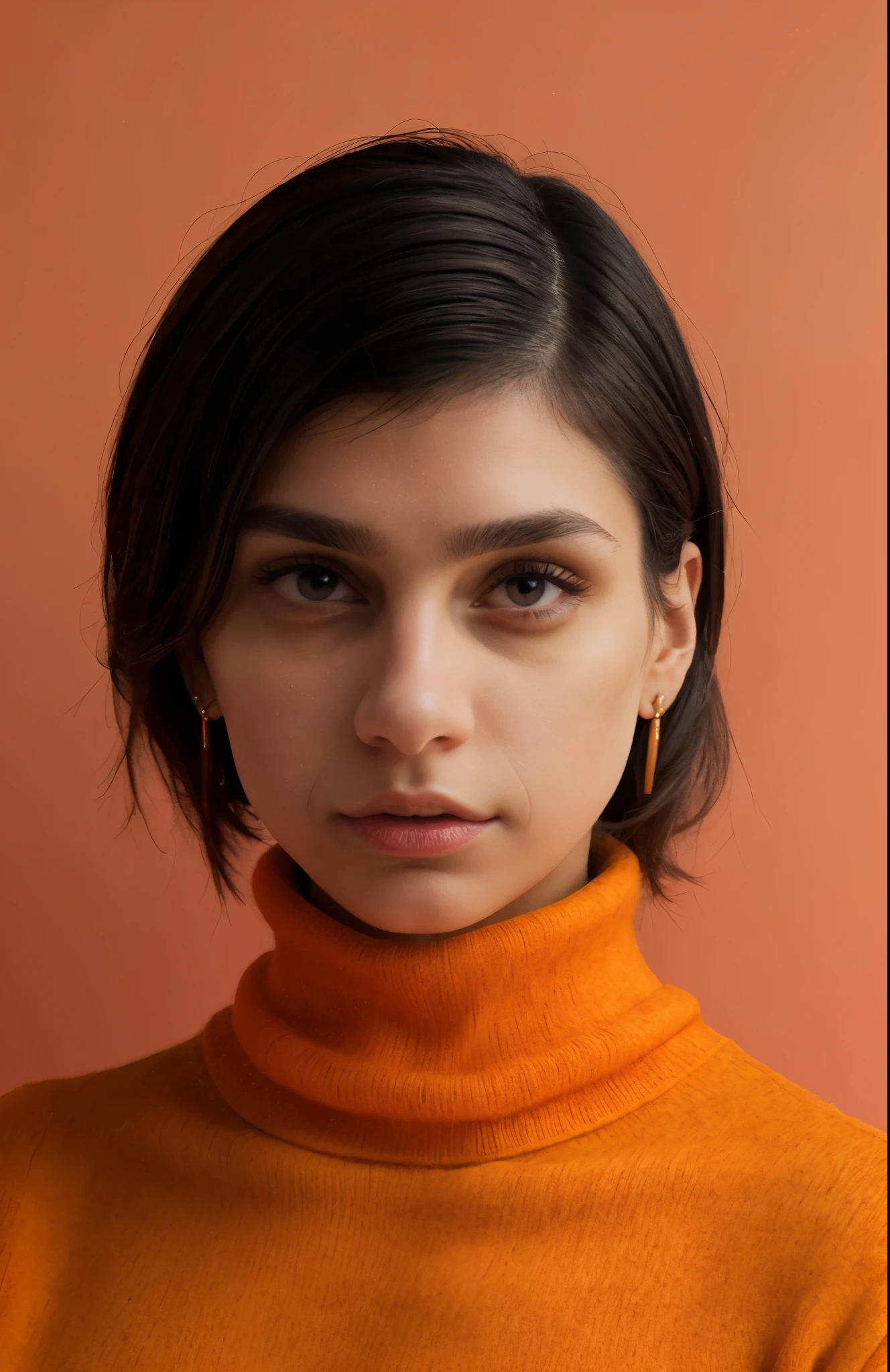 1girl, beautiful face, earrings, (portrait photoshot), wearing (orange turtleneck sweater: 1.2) up to her chin, short dark hair, (simple plain background)