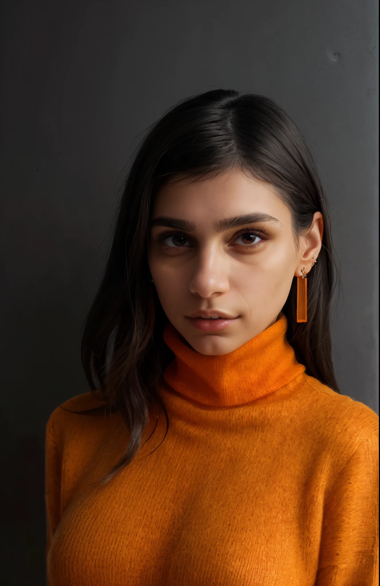 1girl, beautiful face, earrings, (portrait photoshot), wearing (orange turtleneck sweater: 1.2) up to her chin, long dark hair, (simple plain background)