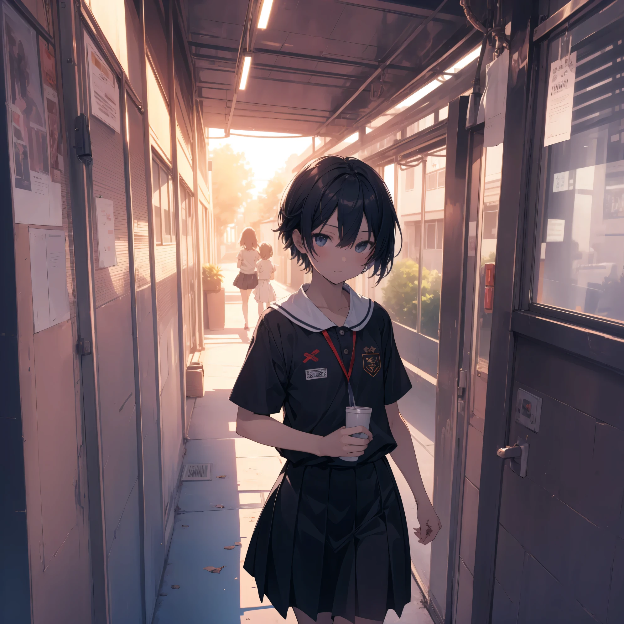Super high quality by the art god, super detailed, High resolution, Shinkai Makoto style, anime moe art style, best anime 8K konachan wallpaper, pixiv contest winner, perfect anatomy, break,(眠そうにalone学校へ行く女の子を描いてください. ),view from above,break, 1 girl, (alone,little woman, lolita, , 13 years old:1.3),All limbs, full finger,, The charm of an immature body, (very short hair), flat chest, small ass, between legs, Small black eyes, beautiful and fine eyes, Well-proportioned iris and pupils, expressive eyes, High resolutionの詳細な髪, wearing school uniform, (skirt),(detailed lighting), (detailed background), On the way to school. break,super dense skin, Best lighting by famous artists, 8K, figure,UHD, rough skin