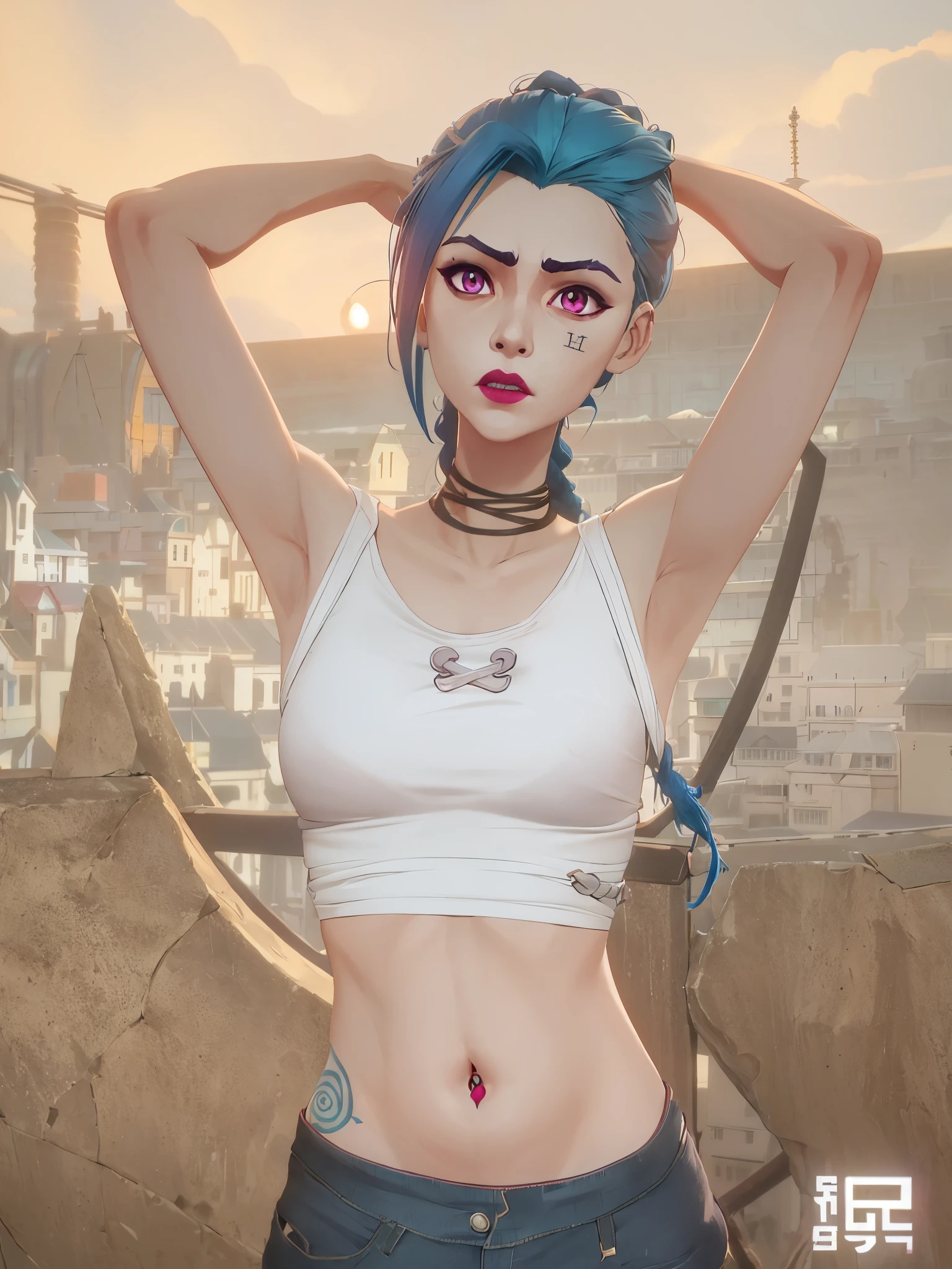 mysterious style,
1 girl, arm tattoo, asymmetrical Bangs, Bangs, blue hair, braid, brown shirt, cloud tattoo, looking at the audience, lol, crazy, 无法控制的lol声, crazy样子, night, City, green hair, long hair, diaphragm, pink eyes, red lips, shirt, alone, permanent, tattoo, twin braids, Upper body, arcane doom, doom \(League of Legends\)