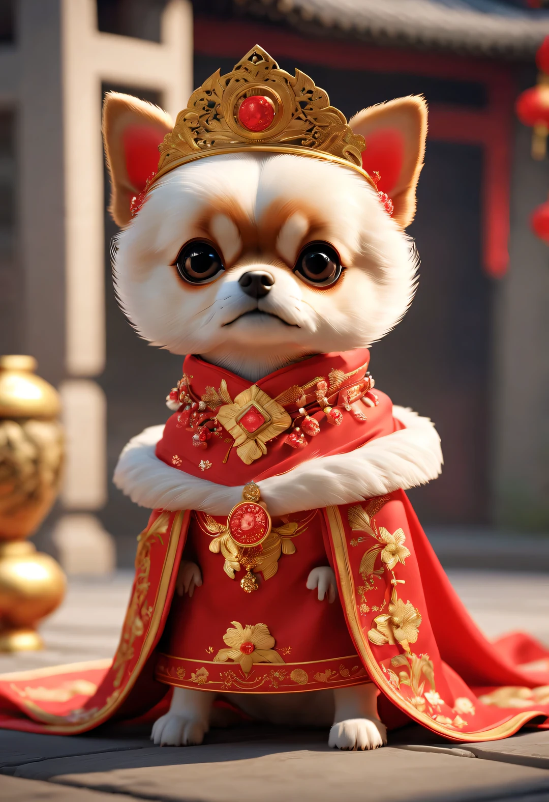 In ancient China, A super cute puppy wearing a bright red wedding dress. Dog Bride is an avatar, Wearing a red scarf on the head，Gold ornaments are worn on the head, pixelated style (Anthropomorphic standing pose), Charming big eyes, cute tail, Surreal, super detailed, luxury, elegant, Gorgeous, Unreal Engine, octane rendering, 8k, VRAYSurreal