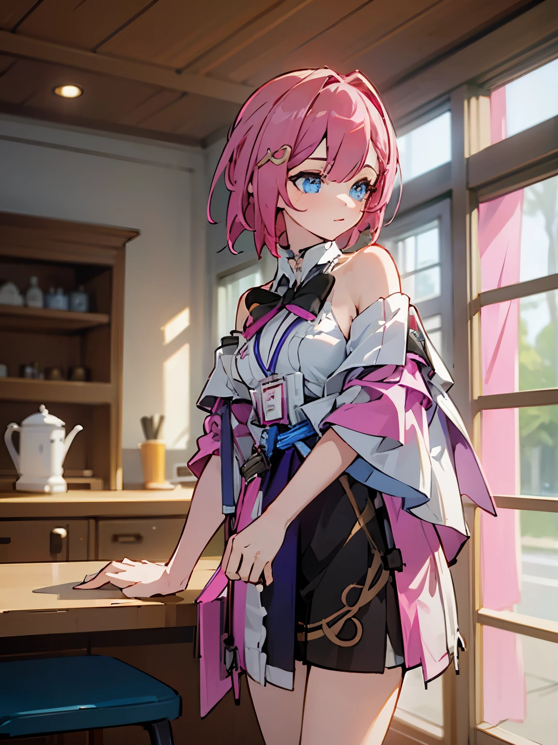 1girl, asta from honkai star rail, pink short hair, short ponyside hair, blue eyes, wearing her outfit, doing daily activities, indoor, very detailed background, many furnitures, masterpiece, highres, ultrahd,