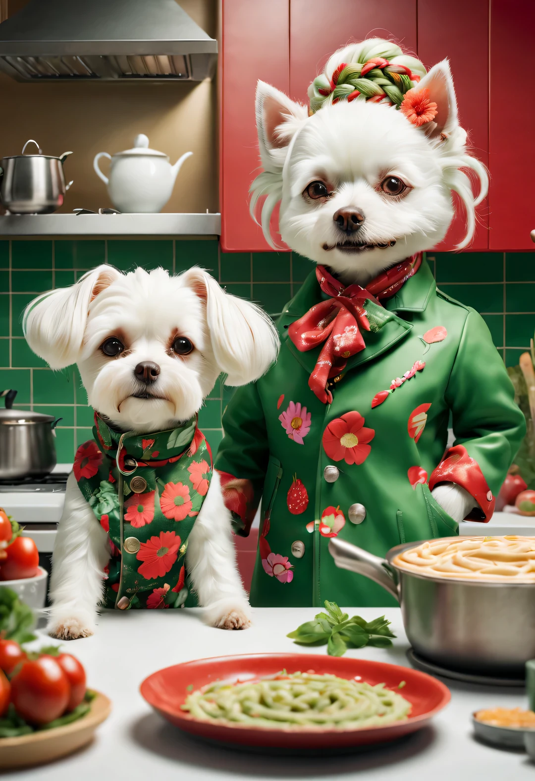 Mrs. 扎着辫子的小白狗and先生. Big Shapi with punk head, Have fun cooking, fashionable, Paired with a red and green floral jacket, anthropomorphic, and嘻哈风格,
Backgroand: kitchen, high detail, Super quality, Surrealism, photo, 8k, pleasure, comical,and: kitchen, high detail, Super quality, Surrealism, photo, 8k, pleasure, comical,