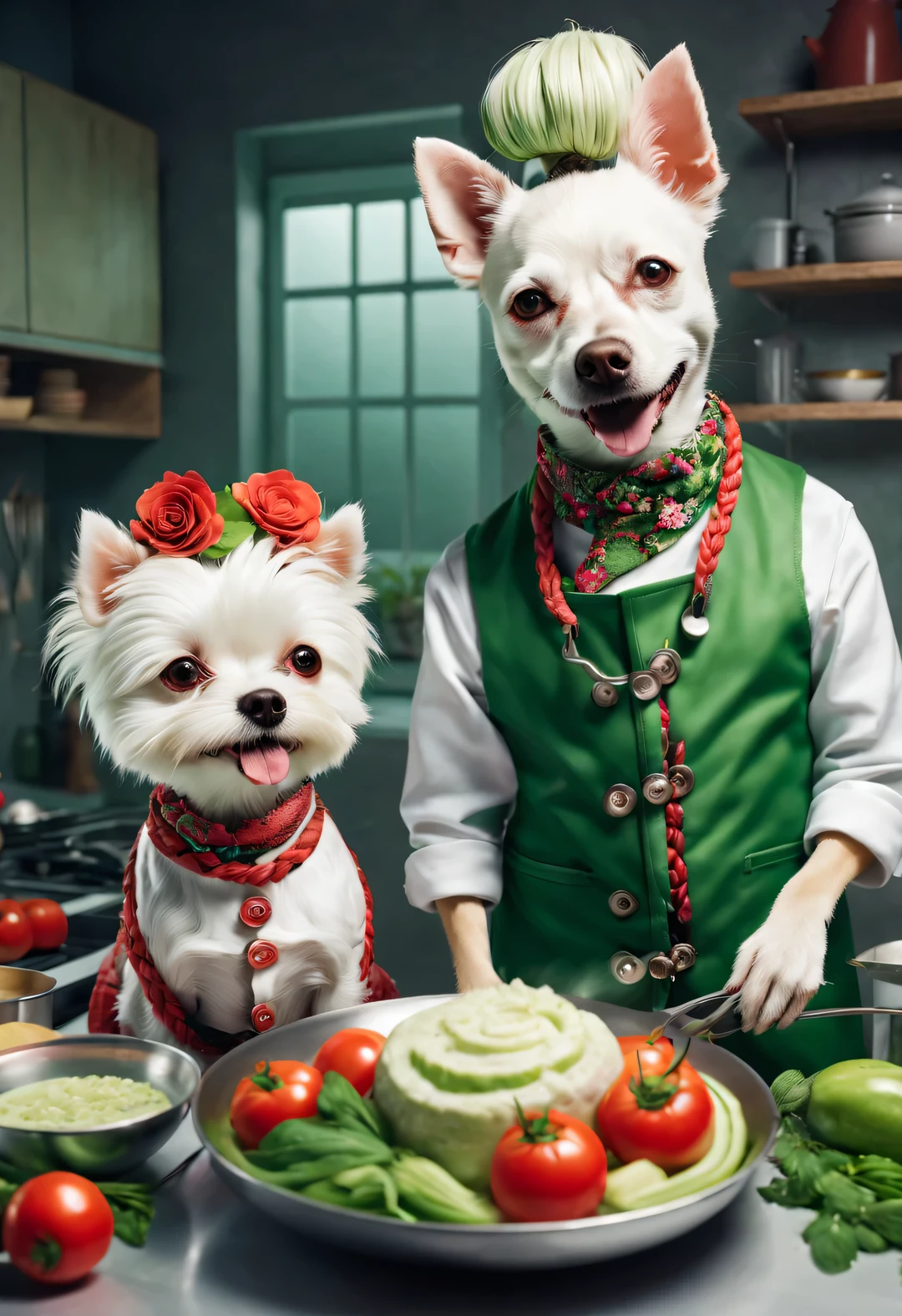 Mrs. 扎着辫子的小白狗and先生. Big Shapi with punk head, Have fun cooking, fashionable, Paired with a red and green floral jacket, anthropomorphic, and嘻哈风格,
Backgroand: kitchen, high detail, Super quality, Surrealism, photo, 8k, pleasure, comical,and: kitchen, high detail, Super quality, Surrealism, photo, 8k, pleasure, comical,