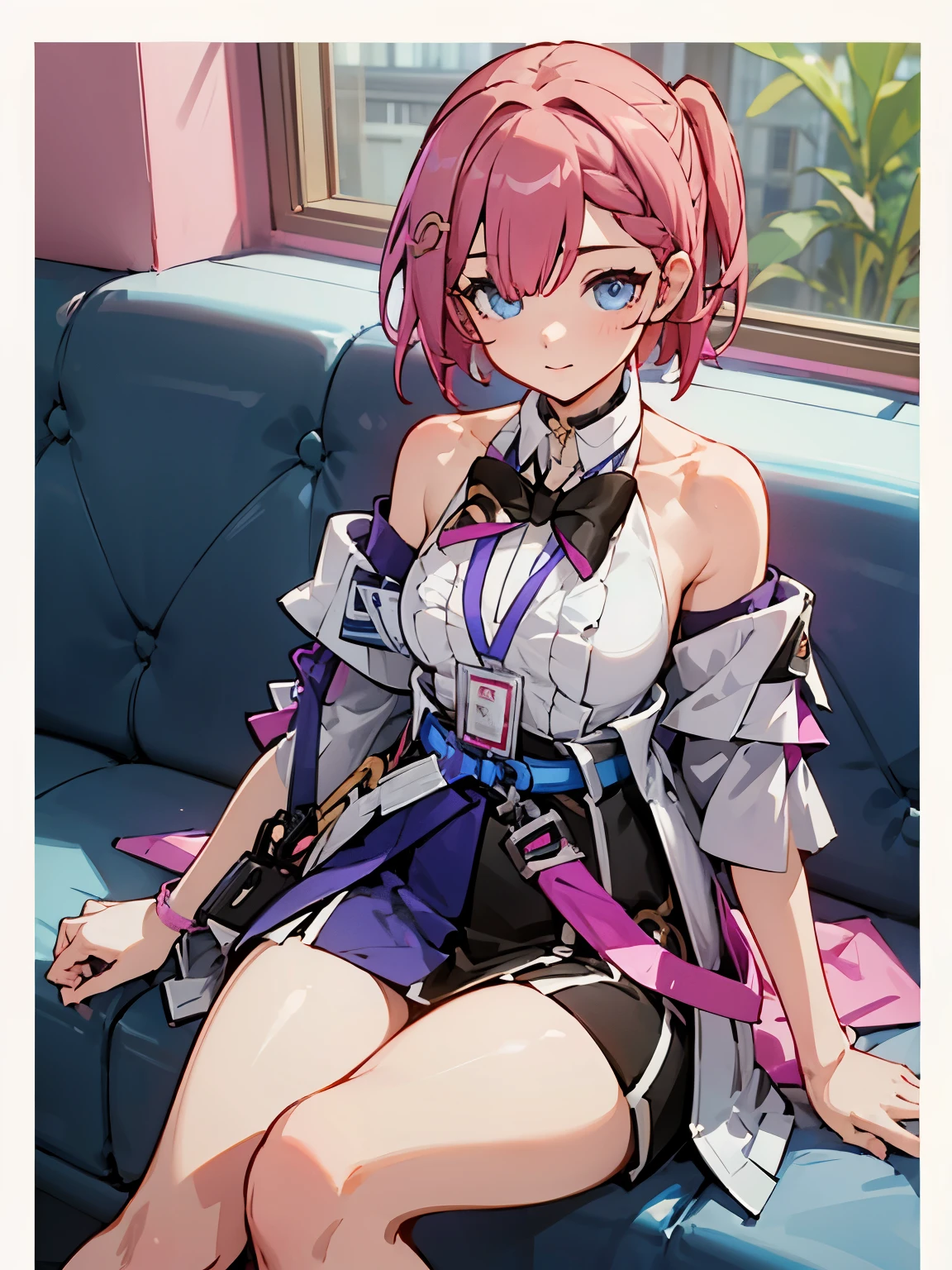 1girl, asta from honkai star rail, pink short hair, short ponyside hair, blue eyes, wearing her outfit, doing daily activities, indoor, very detailed background, many furnitures, masterpiece, highres, ultrahd,