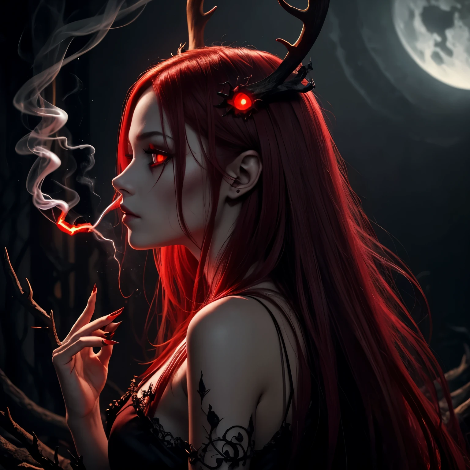 dark, unholy, evil, astral, creepy style, undead, rotting skin, mystical, nice perfect face with soft skin, young beautiful girl smoking,  red fire, night, long dark red hair, long nails, antlers glowing red eyes, from side, light red glow