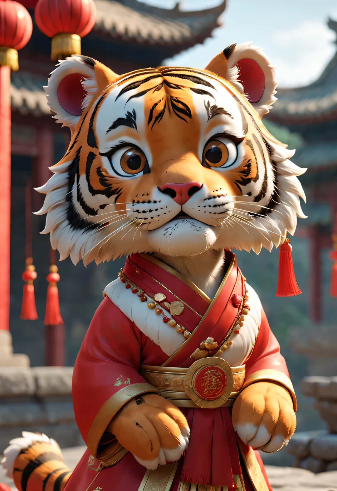 A super cute tiger wears a bright red wedding dress from ancient China. The tiger bride is anthropomorphic，Wearing a red scarf on the head，Gold ornaments are worn on the head,Pixar style,permanent,Charming big eyes,cute tail,Surreal,Super details,luxury,elegant,Gorgeous,Unreal Engine,octane rendering, 8k,VRAY Surreal