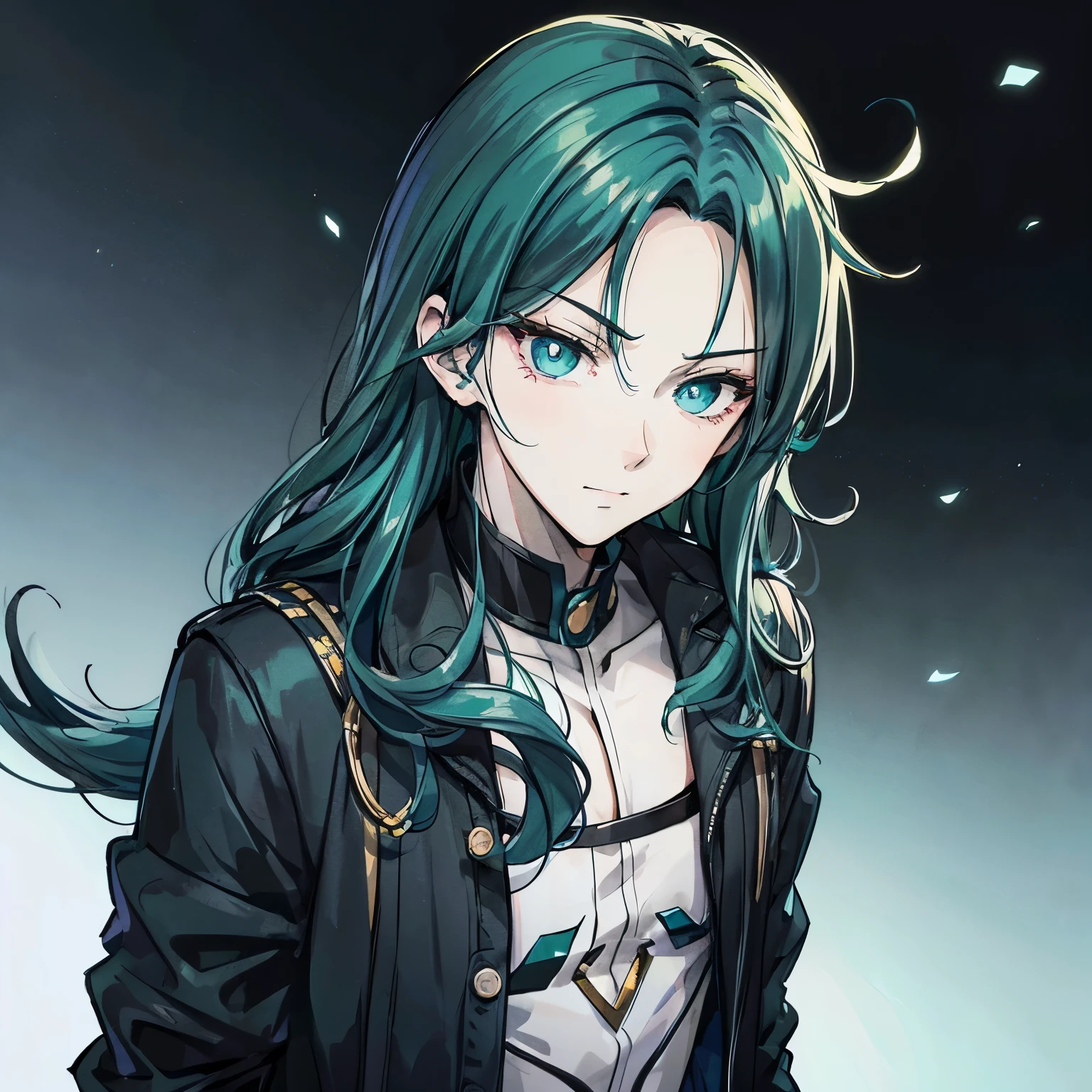 A male anime character green eyes dark blue hair with cynical smirk