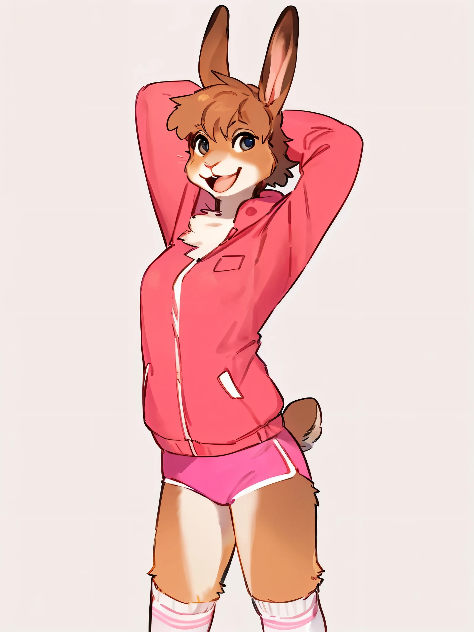 By bebebebebe, by lostgoose, by goonie-san, solo, female, slim, ((rabbit, hare)), ((hair, snout, ears)), happy, smiling, open mouth, hands behind head, pink puffer jacket, pink gym shorts, white knee socks, standing