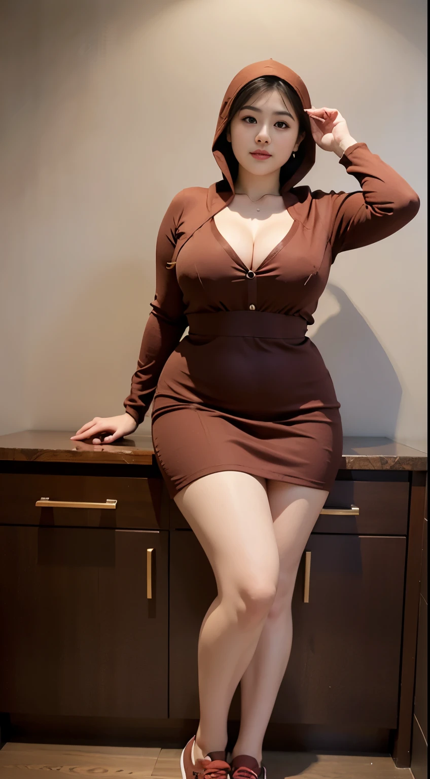 there is a woman random poses with a longest brown and red , bbwchan, thicc, brown outfit, brown hijab fashion model, korean girl, korean woman, wearing brown robe, full length shot, alluring plus sized model, japanese goddess, clothed in hooded, voluptuous and arousing, portrait shot, curvy model, voluptuous body, wonderful, nene tanaka body , bbwchan, The overall atmosphere is smooth , haunting illustrations, extremely high-resolution details, photographic, realism pushed to extreme, fine texture, 4k, ultra-detailed, high quality, high contrast, red Color sneakers, bob hairstyle , short hairstyle , , full body view , big cleavage , armpits