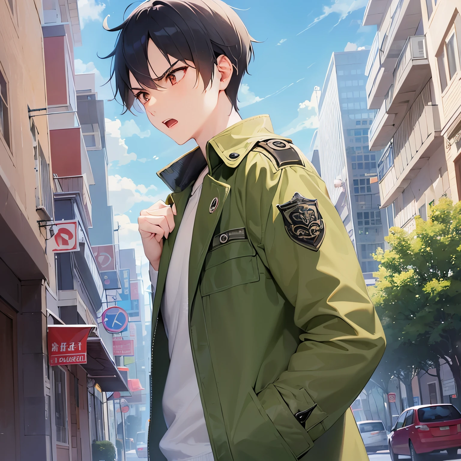 Pointing with finger, (looking away:1.5), side angle, masterpiece、high quality、25 year old male with short black hair and orange eyes、(wearing a green trench:1.3), wearing a white shirt、(Alone:1.5)、(angry:1.3)、open mouth, (Only the upper body is shown.:1.3)、The background is outside the building area