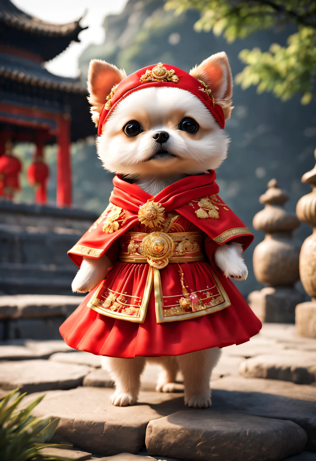 In ancient China, A super cute puppy wearing a bright red wedding dress. Dog Bride is an avatar, Wearing a red scarf on the head,Gold ornaments are worn on the head, pixelated style (Anthropomorphic standing pose), Charming big eyes, cute tail, Surreal, super detailed, luxury, elegant, Gorgeous, Unreal Engine, octane rendering, 8k, VRAYSurreal