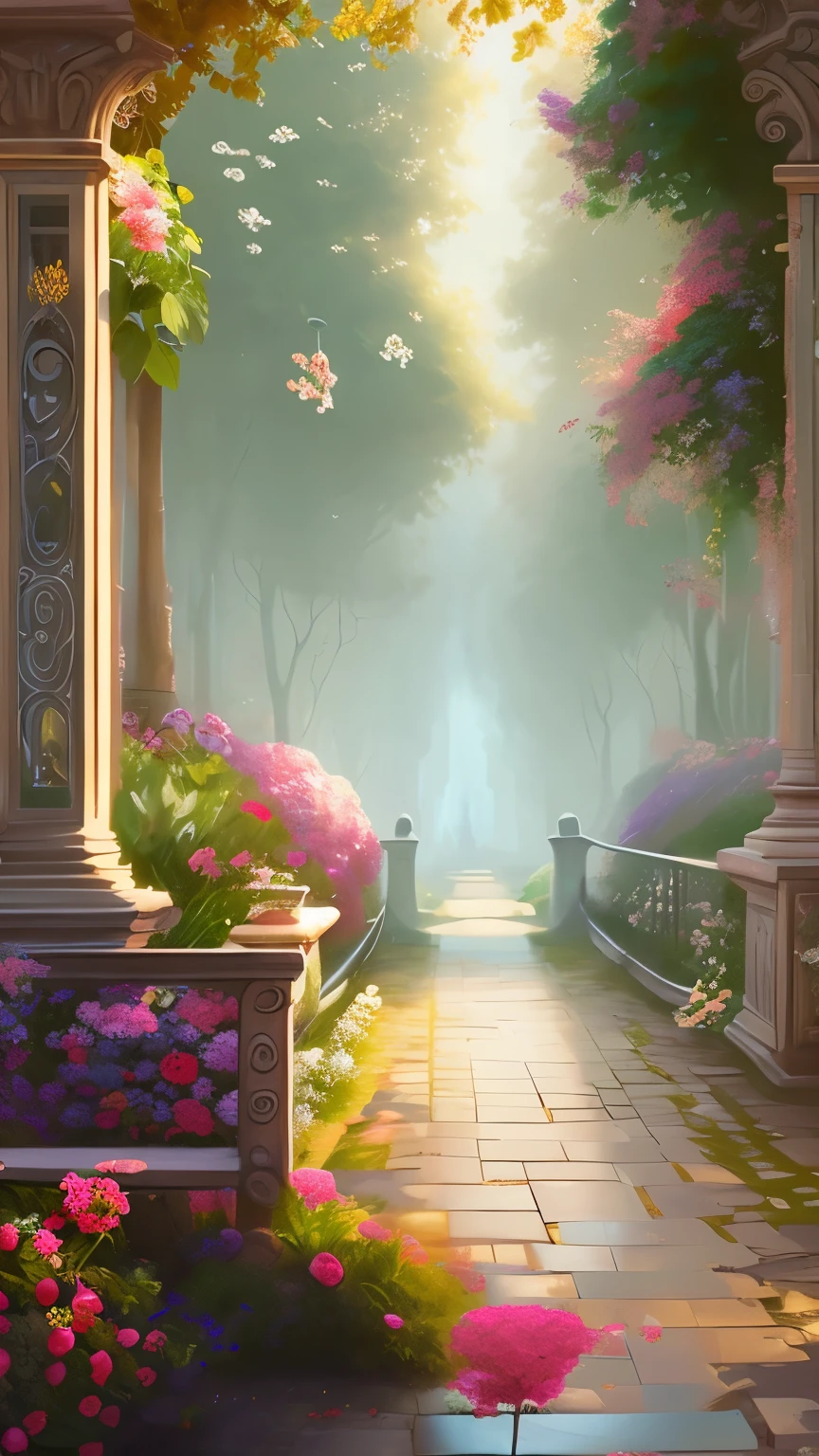 painting of a walkway with flowers and a bench in the middle, royal garden background, beautiful art uhd 4 k, beautiful digital painting, romantic landscape, elegant digital painting, gorgeous digital painting, background artwork, beatiful backgrounds, very beautiful digital art, beautiful wallpaper, beautiful digital art, 4k hd matte digital painting, beautiful digital artwork, dreamy scene, scenery artwork