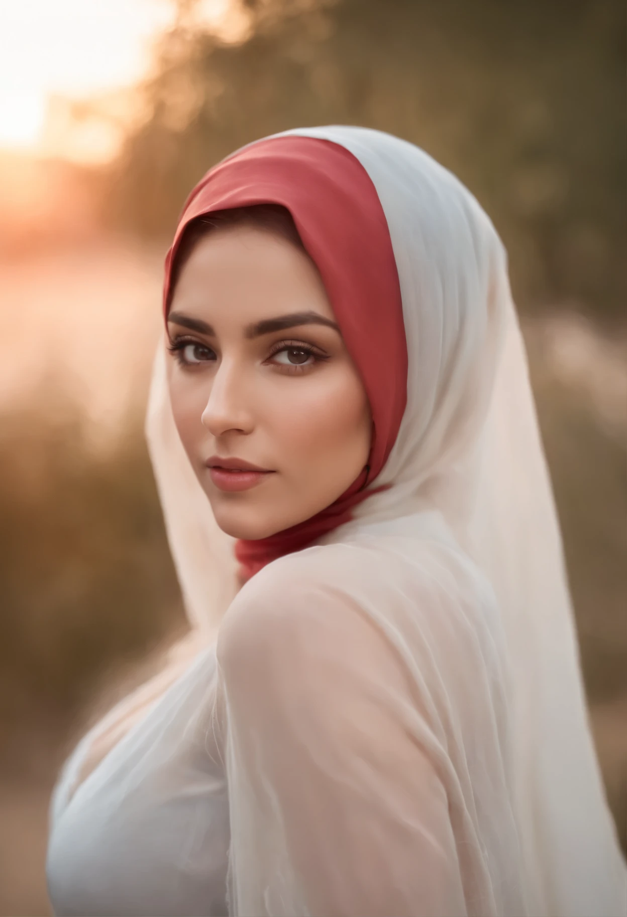 8k, RAW photo, best quality, masterpiece:1.2),(realistic, photo-realistic:1.37),sunset,soft light,"photo of a Beauty Arabic women with Huge boob,hijab, extremely beautiful face,bust,Random hairstyle,red hair color,Naughty expression,pigsney, adult content,nsfw,cleavage