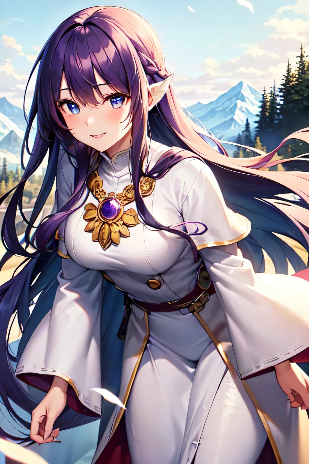 ((masterpiece)), ((highest quality)), (super detailed), ((cute)), cute, (Lovely), ((very detailed)), (fine eyes), (detailed facial features), (finger details), (Detailed clothing characteristics), 4K, (8K), (beautiful), figure, cowboy shot, (leaning forward:1.3), daytime, a cute girl, 1 girl, alone, Japanese, ((white mage clothes:1.3)), (Mage Dress:1.3), (beautiful purple hair:1.3), ((beautiful hair)), (long hair), (windblown hair:1.4), beautiful blue eyes, ((beautiful eyes)), (Bib Necklace), smile, village, Mysterious Forest, ((Mountain)), blush, shiny