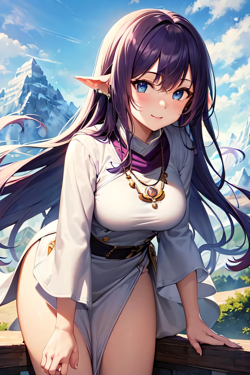 ((masterpiece)), ((highest quality)), (super detailed), ((cute)), cute, (Lovely), ((very detailed)), (fine eyes), (detailed facial features), (finger details), (Detailed clothing characteristics), 4K, (8K), (beautiful), figure, cowboy shot, (leaning forward:1.3), daytime, a cute girl, 1 girl, alone, Japanese, ((white mage clothes:1.3)), (Mage Dress:1.3), (beautiful purple hair:1.3), ((beautiful hair)), (long hair), (windblown hair:1.4), beautiful blue eyes, ((beautiful eyes)), (Bib Necklace), smile, village, Mysterious Forest, ((Mountain)), blush, shiny