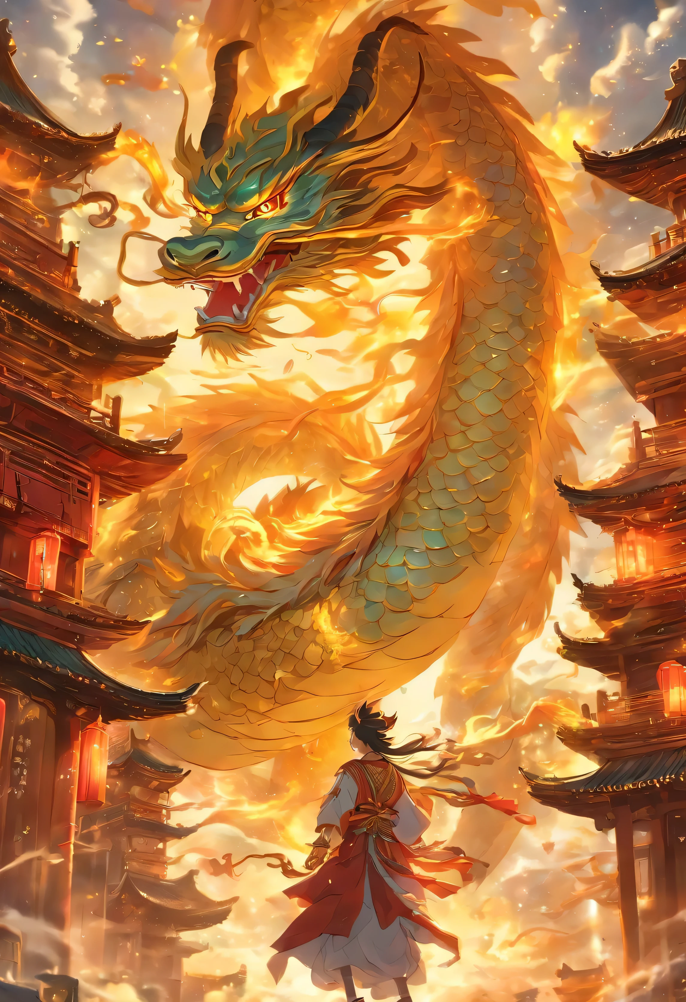 Chinese dragon soars in the sky,The bustling city under the dome,The goddesses dance gracefully,Everyone looked at the ancient buildings happily,The golden sun shines on everyone,Ancient Tang style,flourishing,texture,HD quality,A strange feeling of déjà vu,The composition of the distant view is reasonable,No people in close range