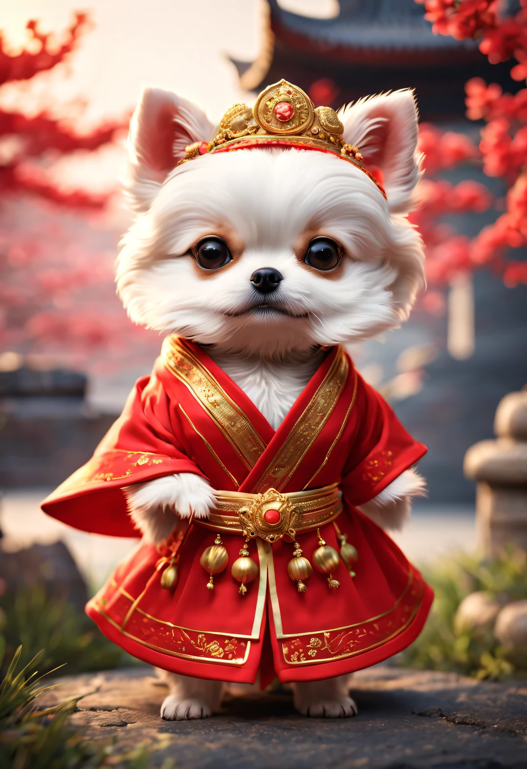 In ancient China, A super cute puppy wearing a bright red wedding dress. Dog Bride is an avatar, Wearing a red scarf on the head，Gold ornaments are worn on the head, pixelated style (Anthropomorphic standing pose), Charming big eyes, cute tail, Surreal, super detailed, luxury, elegant, Gorgeous, Unreal Engine, octane rendering, 8k, VRAYSurreal