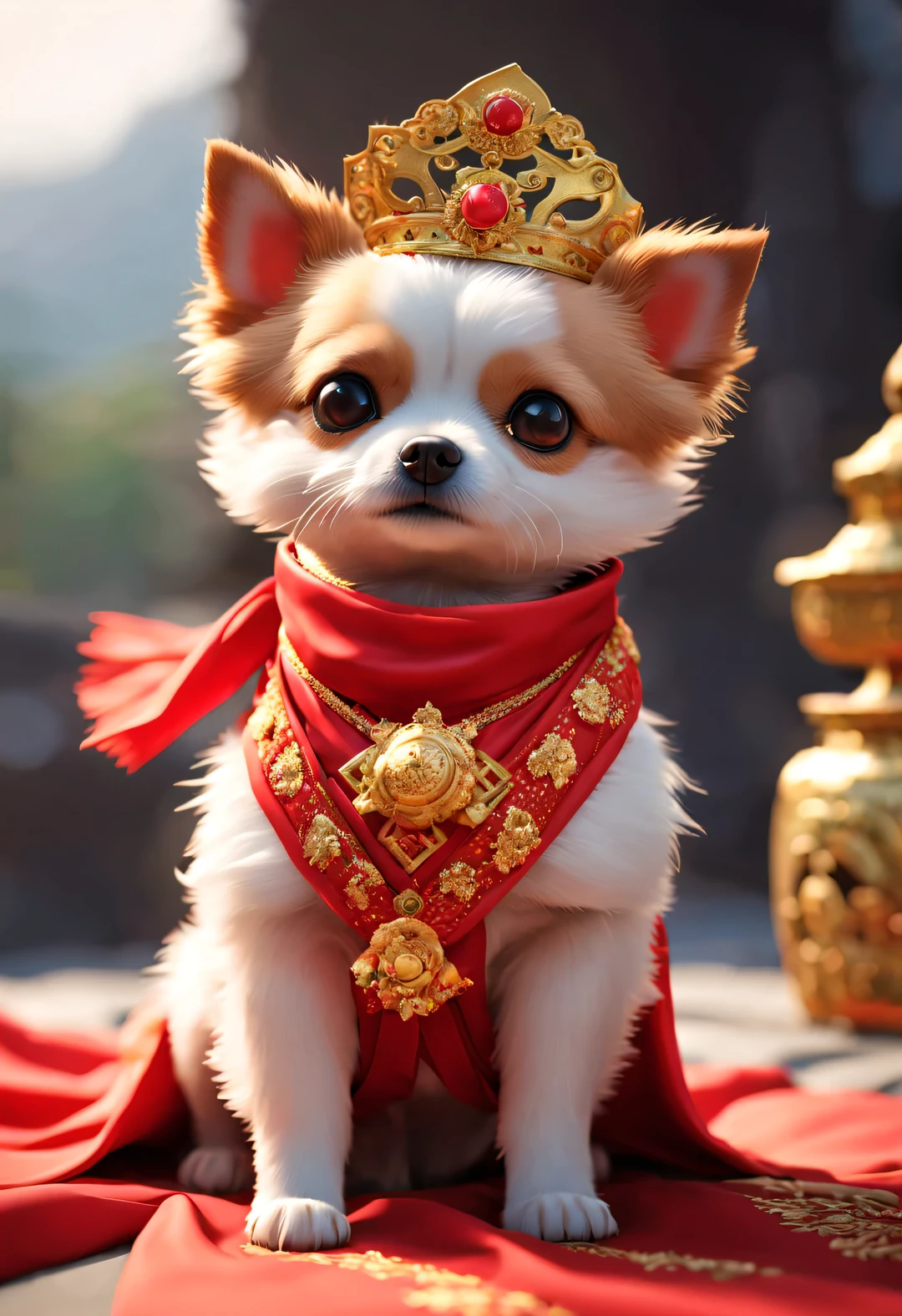 In ancient China, A super cute puppy wearing a bright red wedding dress. Dog Bride is an avatar, Wearing a red scarf on the head，Gold ornaments are worn on the head, pixelated style (Anthropomorphic standing pose), Charming big eyes, cute tail, Surreal, super detailed, luxury, elegant, Gorgeous, Unreal Engine, octane rendering, 8k, VRAYSurreal