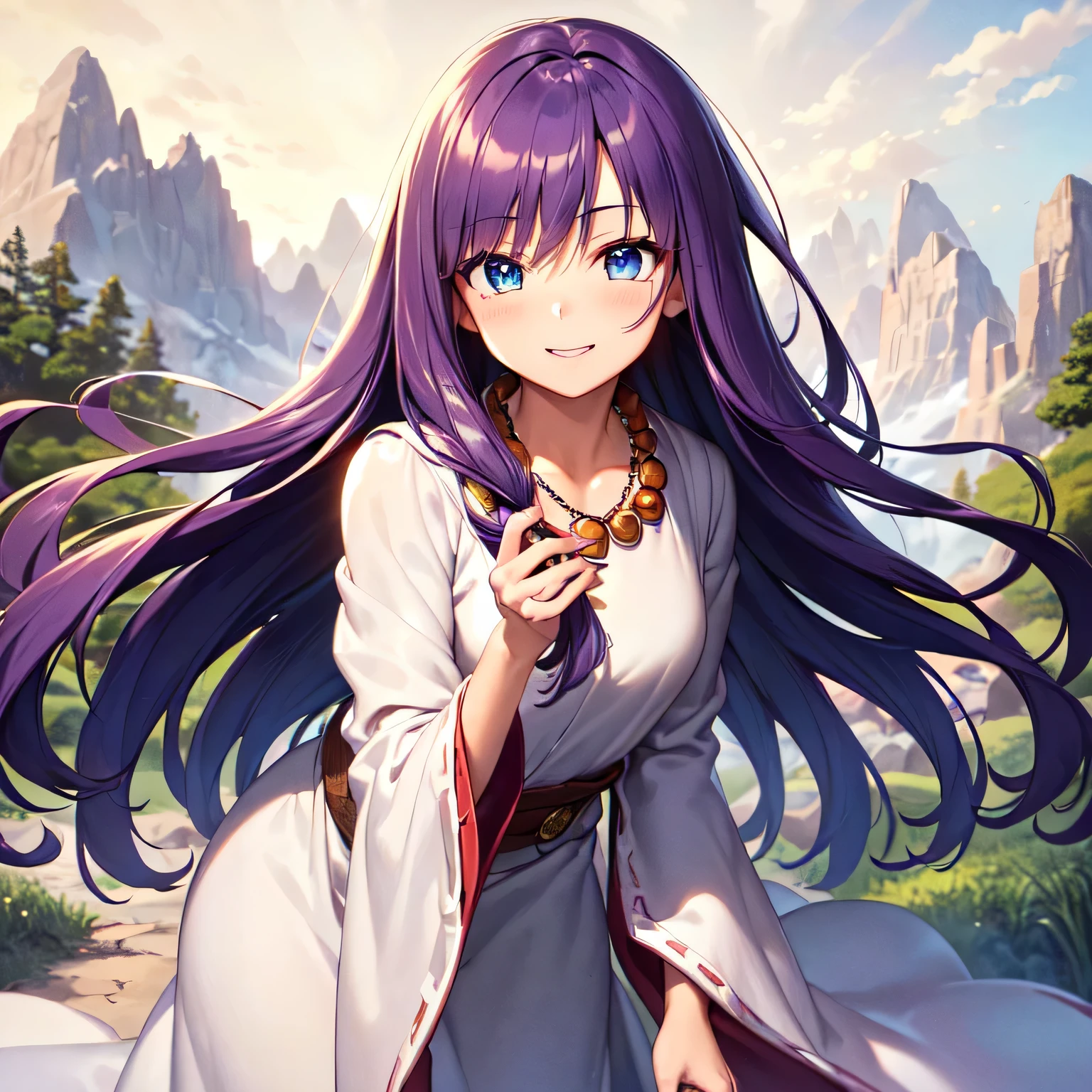 ((masterpiece)), ((highest quality)), (super detailed), ((cute)), cute, (Lovely), ((very detailed)), (fine eyes), (detailed facial features), (finger details), (Detailed clothing characteristics), 4K, (8K), (beautiful), figure, cowboy shot, (leaning forward:1.3), forest, ((Mountain)), daytime, a cute girl, 1 girl, alone, Japanese, ((white mage clothes:1.3)), (Mage Dress:1.3), flat chest, (beautiful purple hair:1.3), ((beautiful hair)), (long hair), (windblown hair:1.4), beautiful blue eyes, ((beautiful eyes)), (Bib Necklace:1.4), smile, blush, shiny