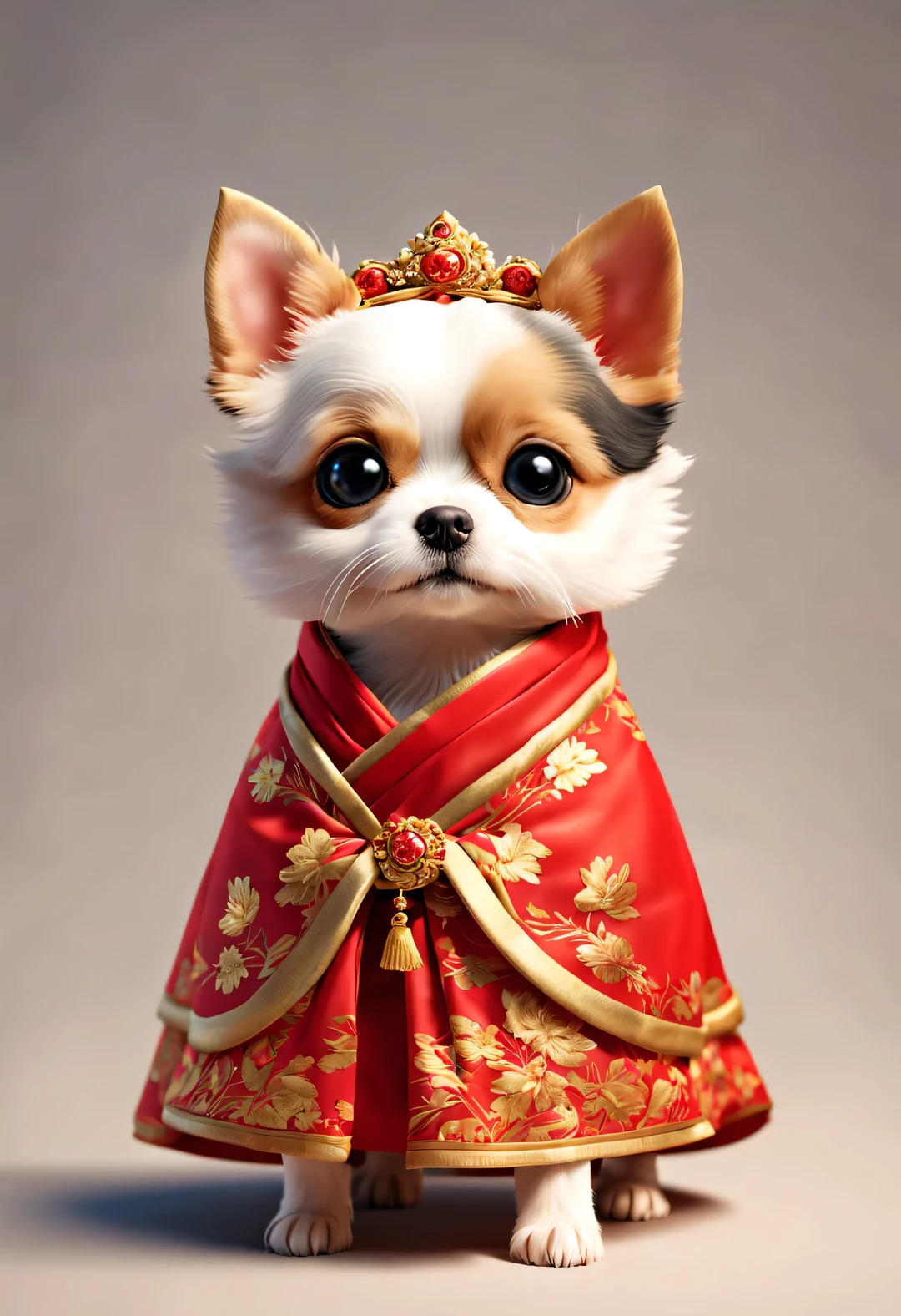 curly，In ancient China, A super cute puppy wearing a bright red wedding dress. Dog Bride is an avatar, Wearing a red scarf on the head，Gold ornaments are worn on the head, pixelated style (Anthropomorphic standing pose), Charming big eyes, cute tail, Surreal, super detailed, luxury, elegant, Gorgeous, Unreal Engine, octane rendering, 8k, VRAYSurreal