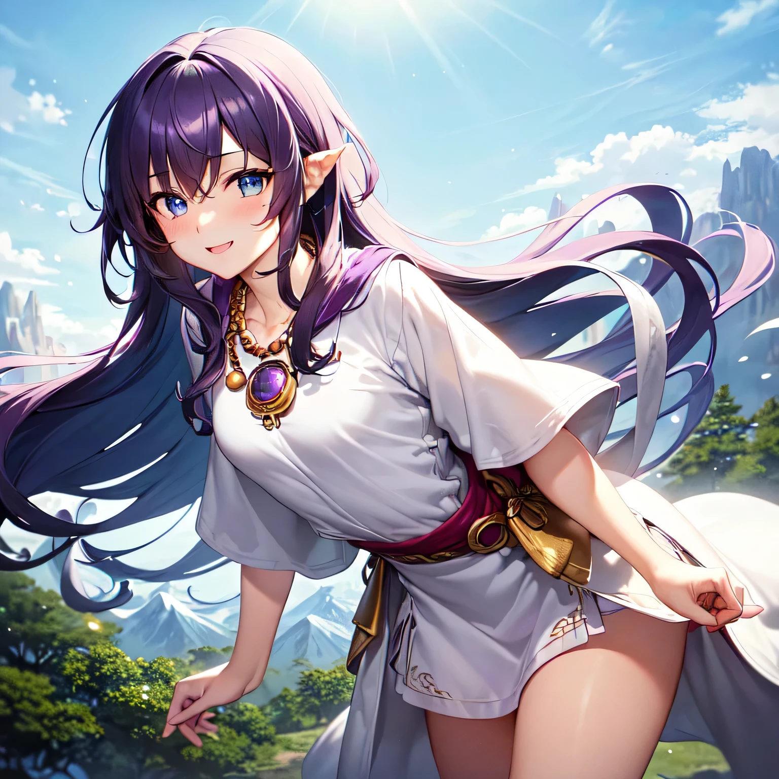 ((masterpiece)), ((highest quality)), (super detailed), ((cute)), cute, (Lovely), ((very detailed)), (fine eyes), (detailed facial features), (finger details), (Detailed clothing characteristics), 4K, (8K), (beautiful), figure, cowboy shot, (leaning forward:1.3), forest, ((Mountain)), daytime, a cute girl, 1 girl, alone, Japanese, ((white mage clothes:1.3)), (Mage Dress:1.3), flat chest, (beautiful purple hair:1.3), ((beautiful hair)), (long hair), (windblown hair:1.4), beautiful blue eyes, ((beautiful eyes)), (Bib Necklace:1.4), smile, blush, shiny