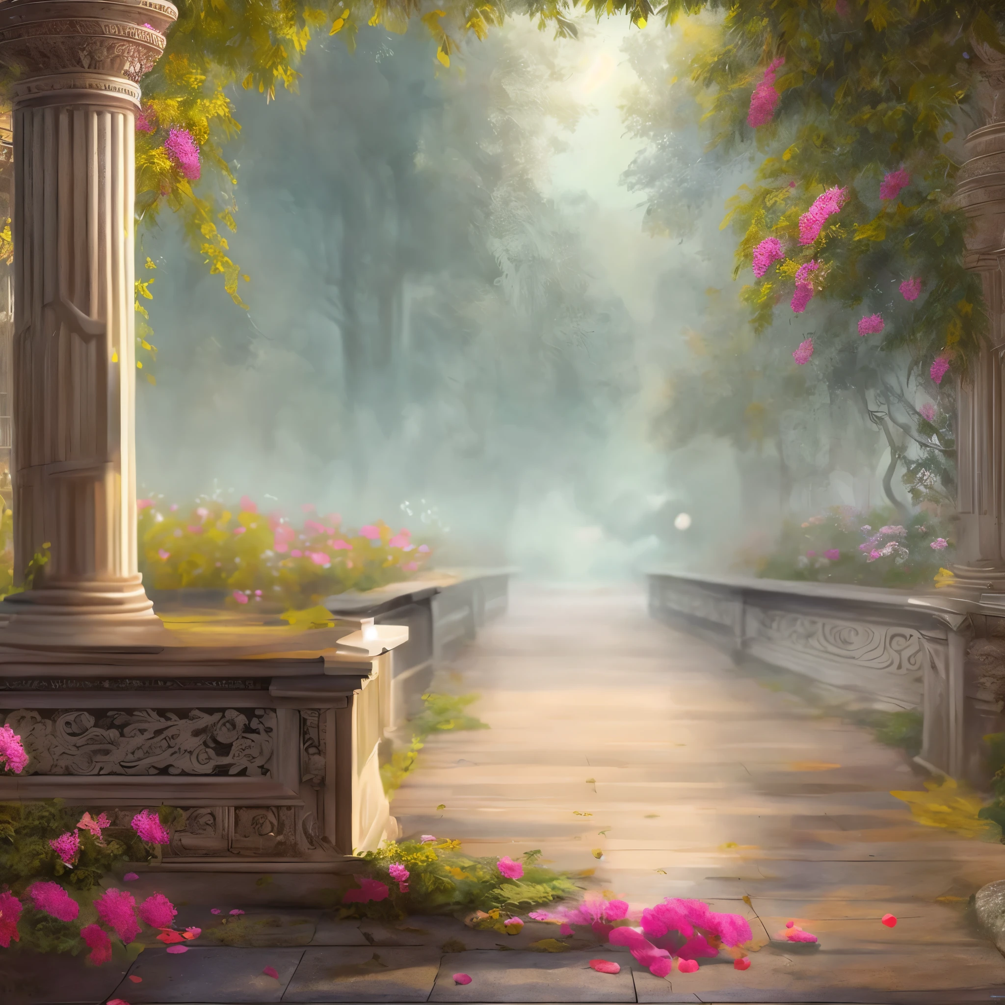 painting of a walkway with flowers and a bench in the middle, royal garden background, beautiful art uhd 4 k, beautiful digital painting, romantic landscape, elegant digital painting, gorgeous digital painting, background artwork, beatiful backgrounds, very beautiful digital art, beautiful wallpaper, beautiful digital art, 4k hd matte digital painting, beautiful digital artwork, dreamy scene, scenery artwork